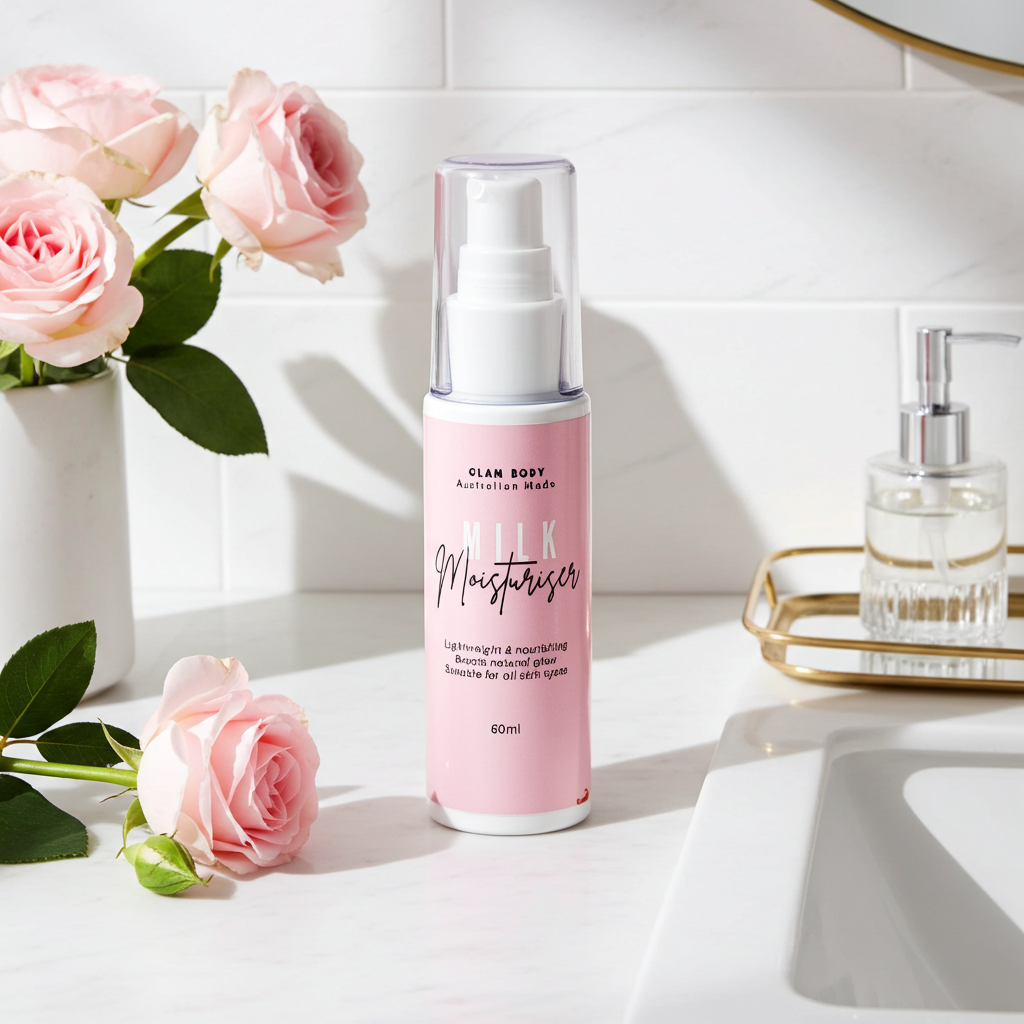 Pink moisturizer bottle on a white surface with pink roses and a mirror in the background