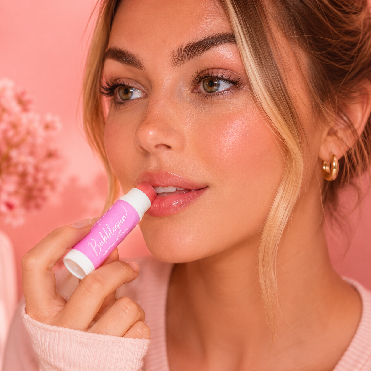 Woman applying a pink lip balm with a blurred floral background