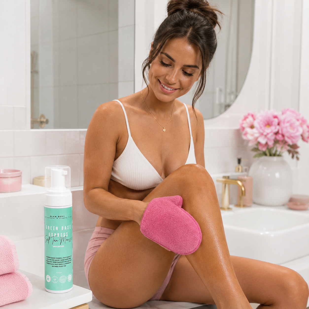 A woman in a bathroom setting, sitting on a bathtub and holding a pink mitt on her leg, with a bottle of Green Bath Super Soap nearby.