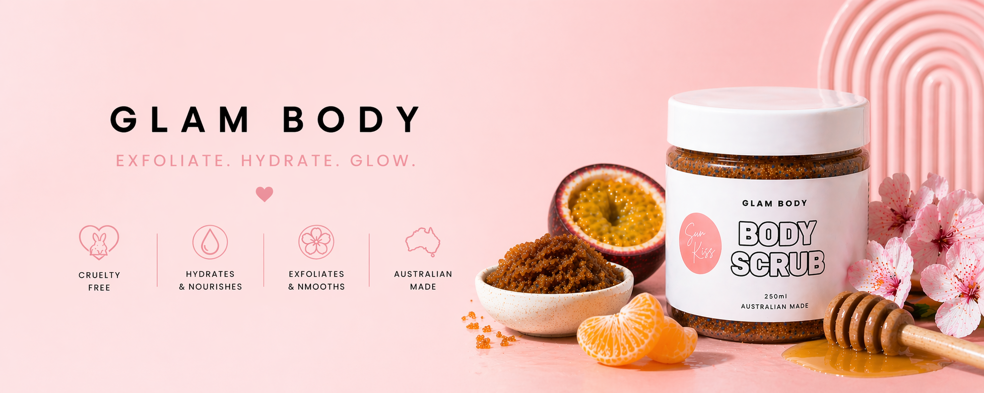 Glam Body body scrub with ingredients on a pink background