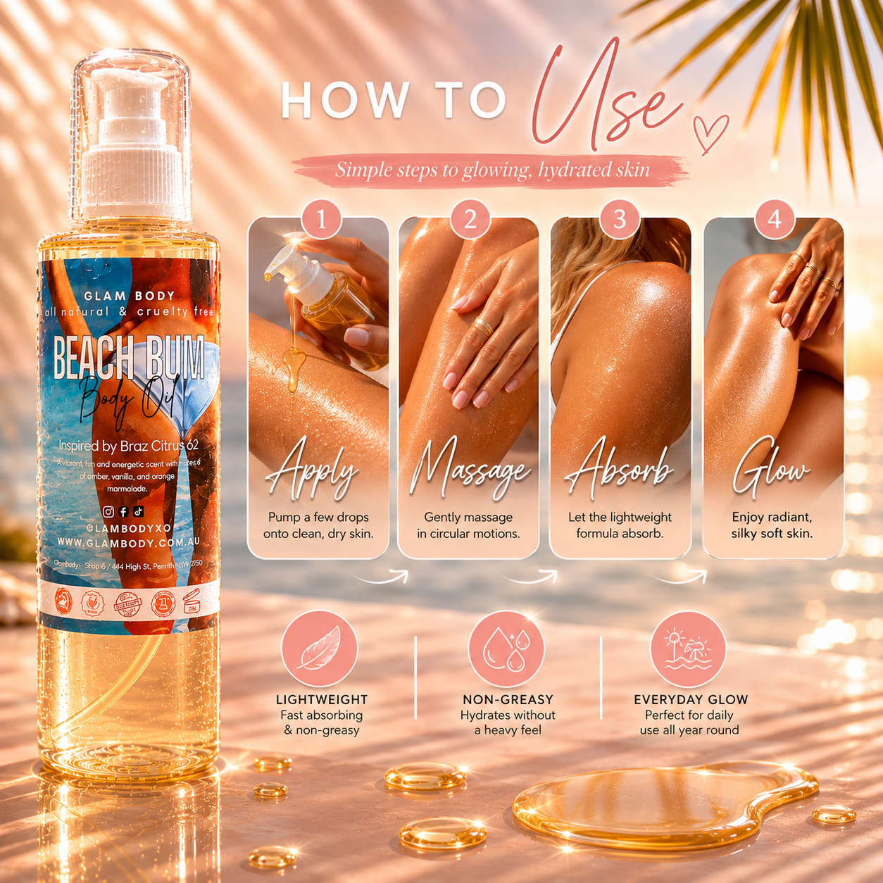 Glam Body Beach Bug oil bottle with usage instructions on a sunlit background