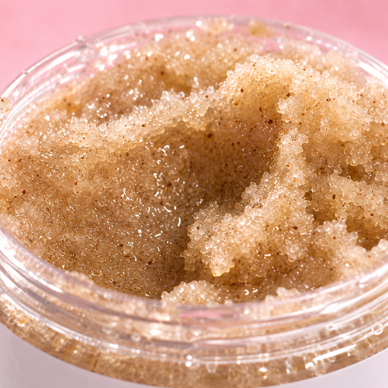 Close-up of a container of brown sugar scrub with a pink background