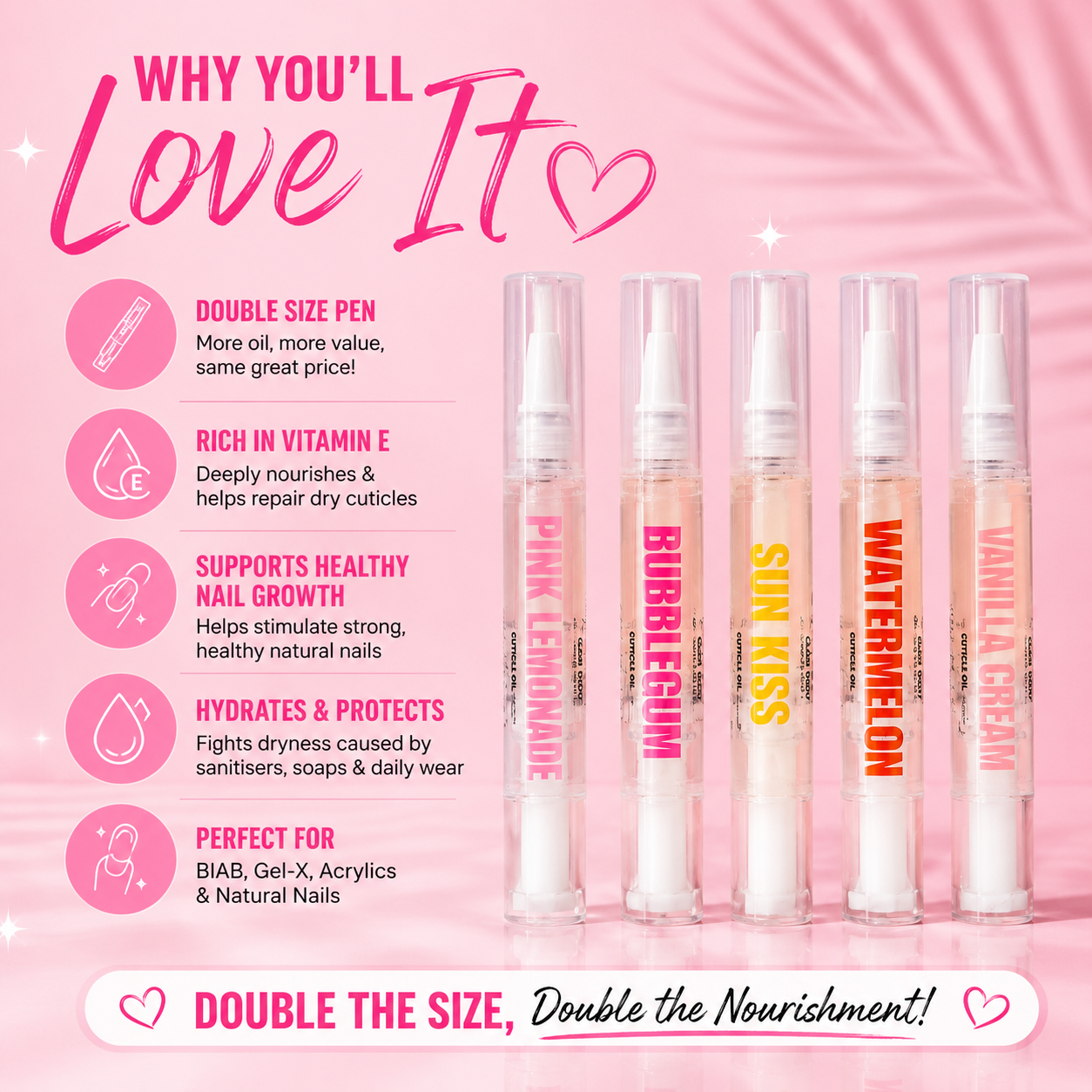 Product packaging with text on a pink background