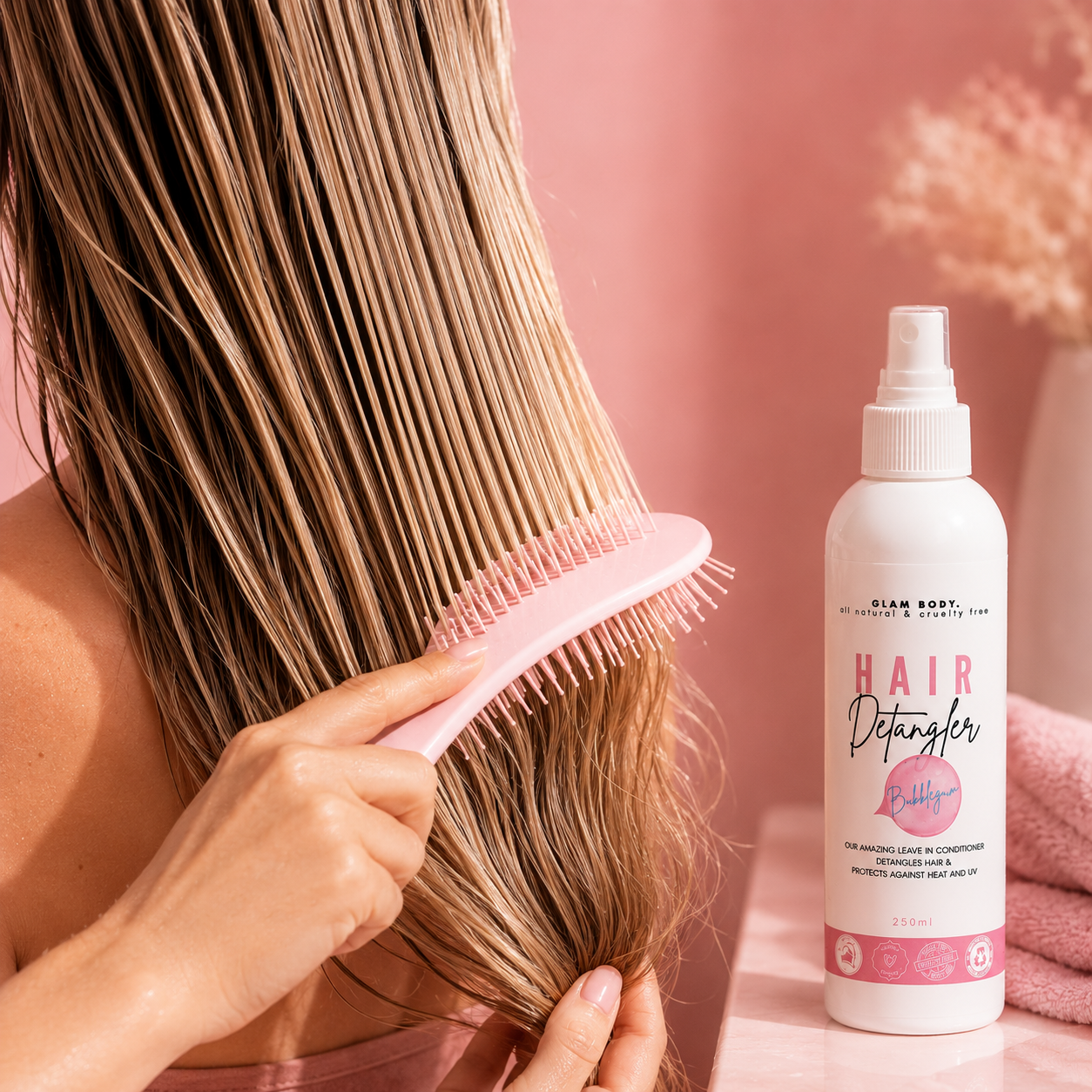 Person brushing hair with a pink brush next to a bottle of Glam Body Hair Detangler on a pink background