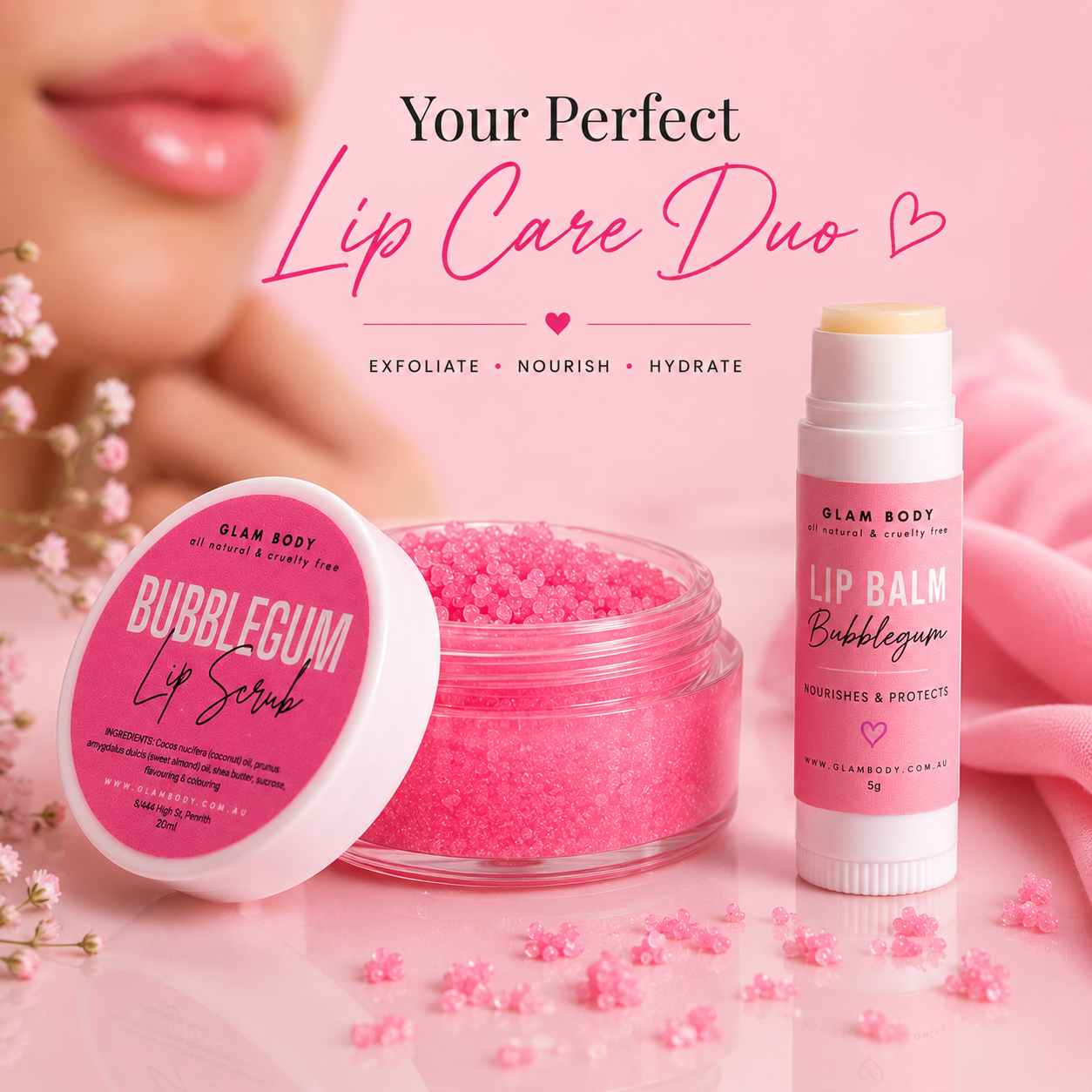 Lip care products including a scrub, balm, and container on a pink background with text 'Your Perfect Lip Care Duo'.