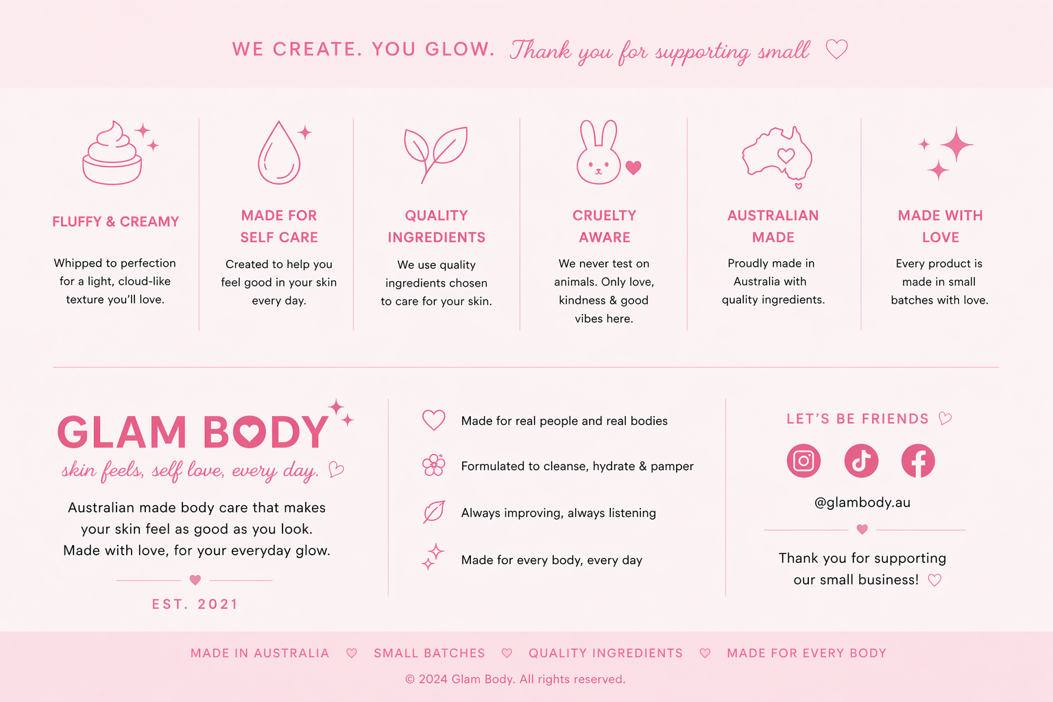 Glam Body product description page with icons and text on a pink background