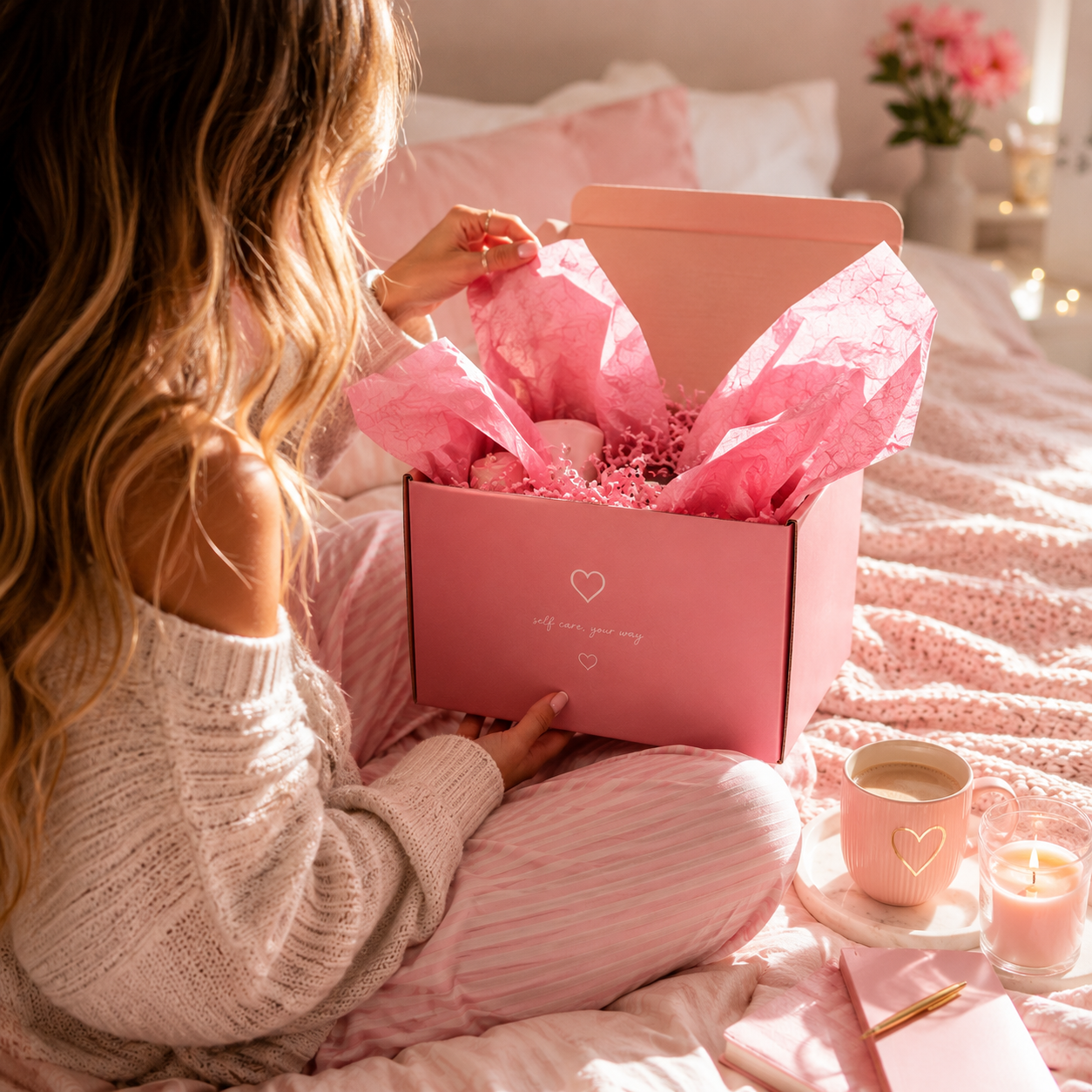 Woman in pajamas opening a pink gift box with tissue paper in a cozy bedroom setting.