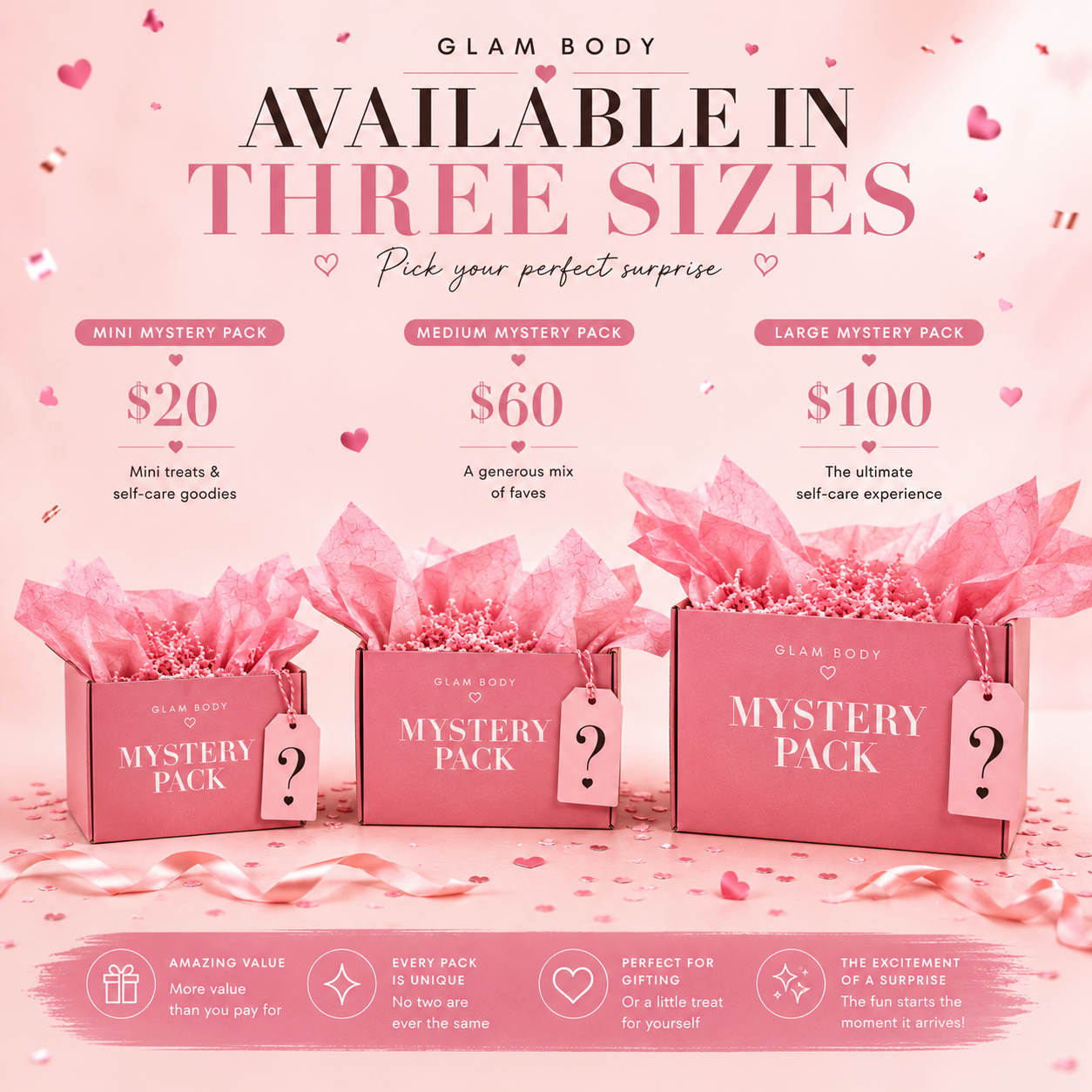 Glam Body mystery pack advertisement with three sizes on a pink background