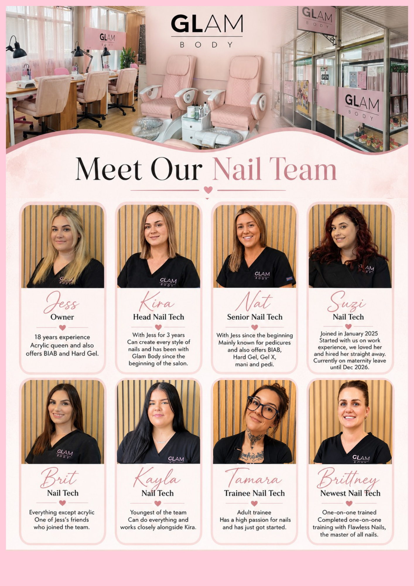 A promotional team photo banner for GLAM BODY salon, featuring a large interior salon photo at the top and a grid of nine headshots of the nail team below with their names and brief bios on a pink background.