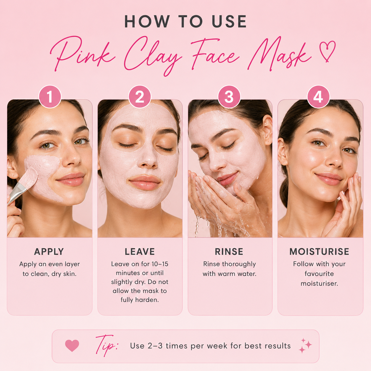 Step-by-step guide on how to use pink clay face mask with a pink background.