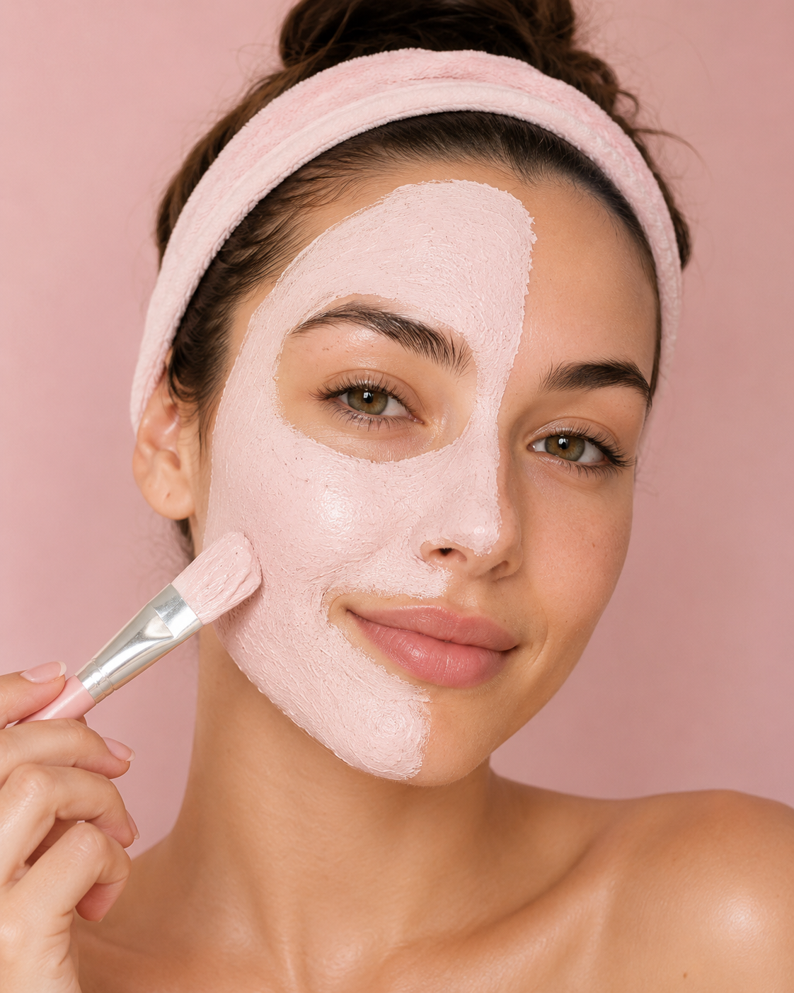 Woman applying a pink face mask with a brush on a pink background