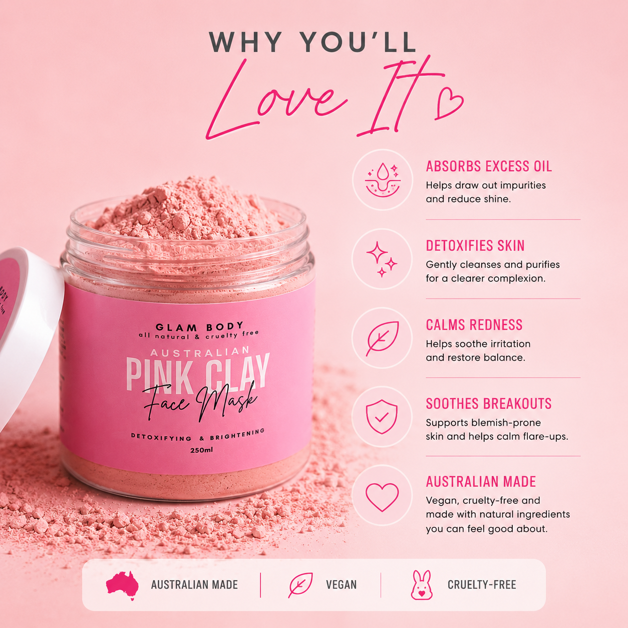 Pink clay face mask jar with benefits listed on a pink background