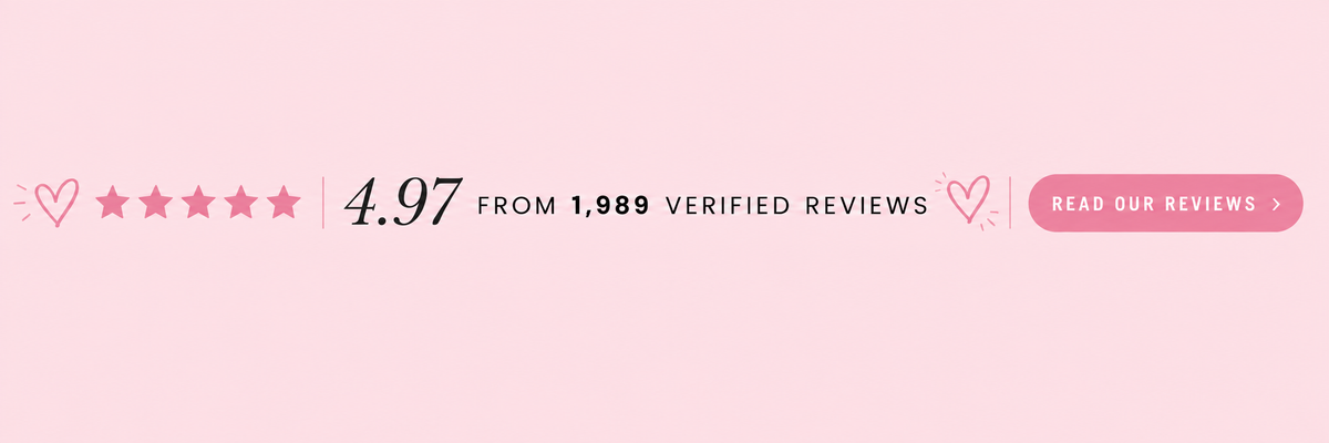 A pink banner featuring a 5-star rating graphic, the text '4.97 FROM 1,989 VERIFIED REVIEWS', and a pink button that says 'READ OUR REVIEWS >'.