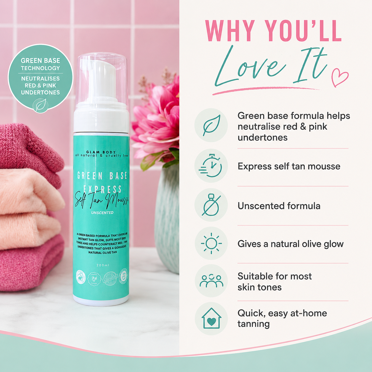 A bottle of Ailoo Rose Green Base Express Self Tan Mousse shown next to a pink towel and flowers, with a text panel on the right explaining benefits of the green base formula.