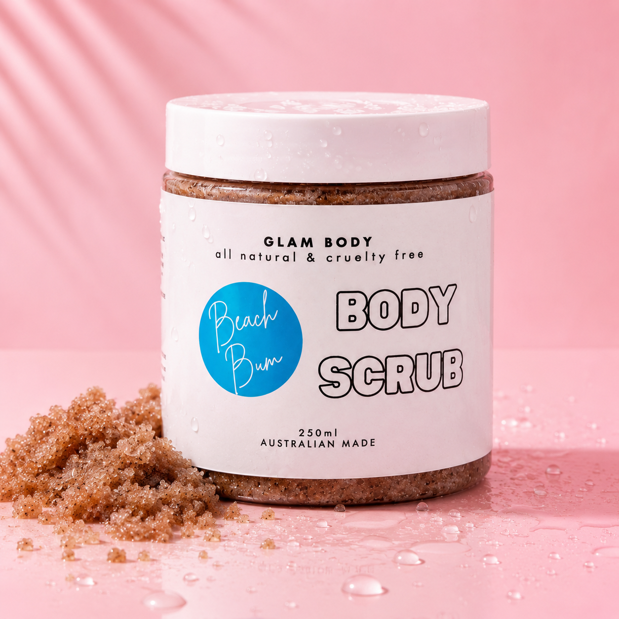 Jar of Beach Bar Body Scrub on a pink background