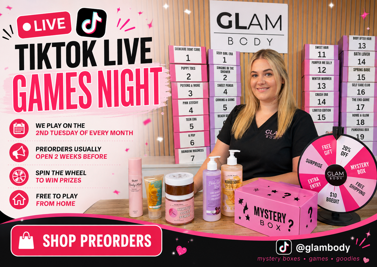 Promotional graphic for Glam Body TikTok Live Games Night, featuring a smiling woman behind a table with pink mystery boxes, skincare bottles, a pink prize wheel, and game boards against a wood-paneled wall.