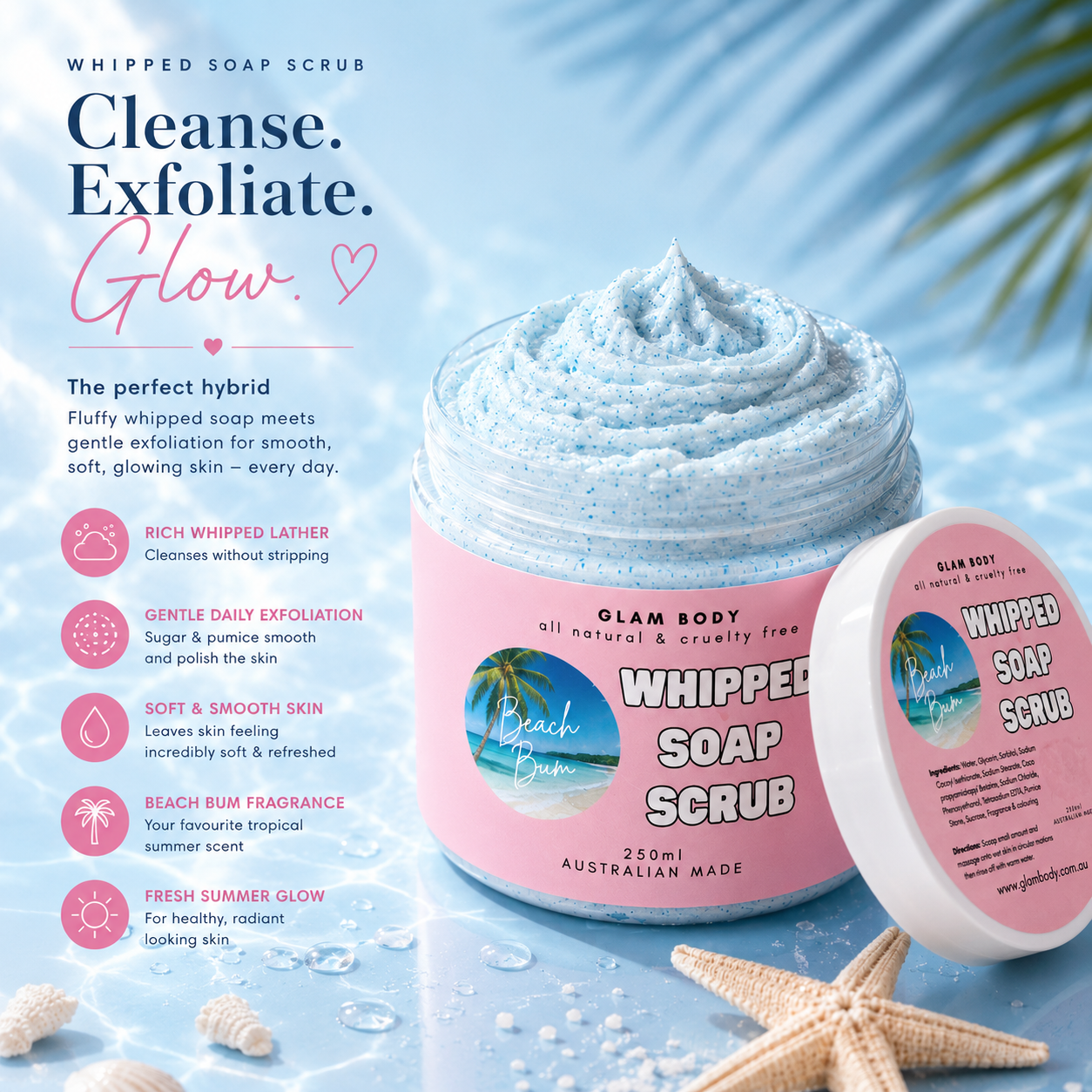Glam Body whipped soap scrub with beach bum fragrance on a blue background