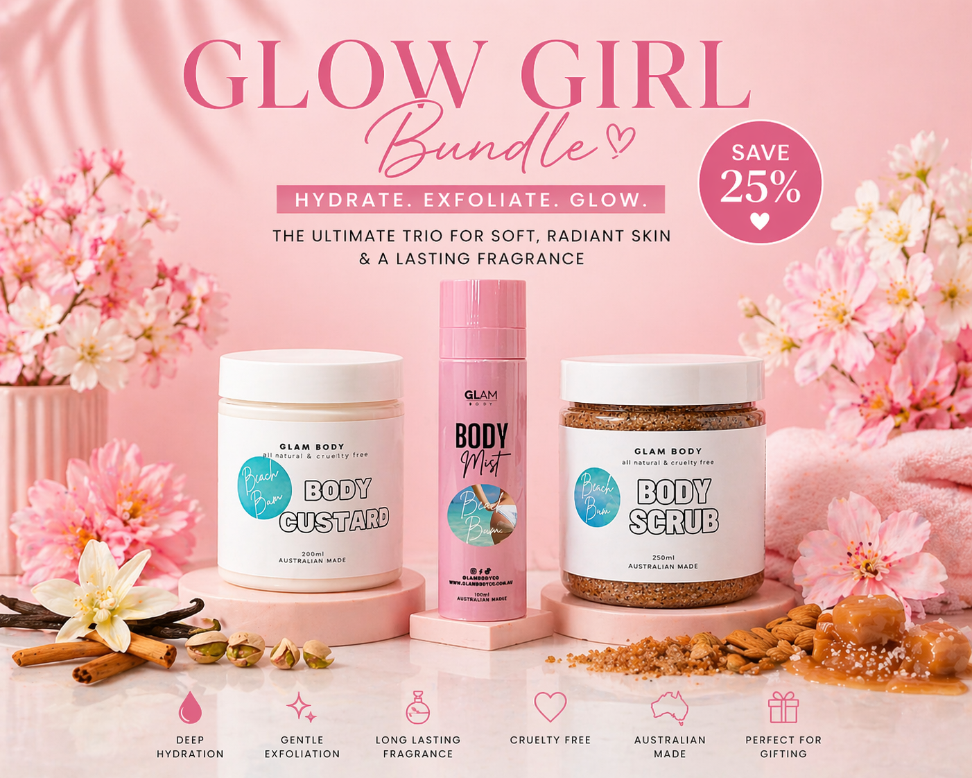 Glow Girl Bundle with body products on a pink background