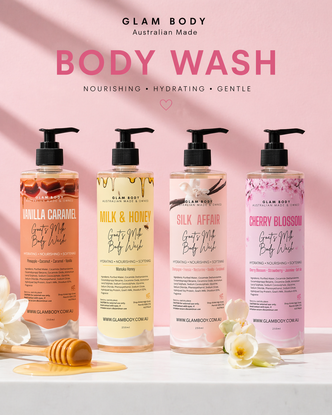Four bottles of Glam Body body wash with different scents on a pink background