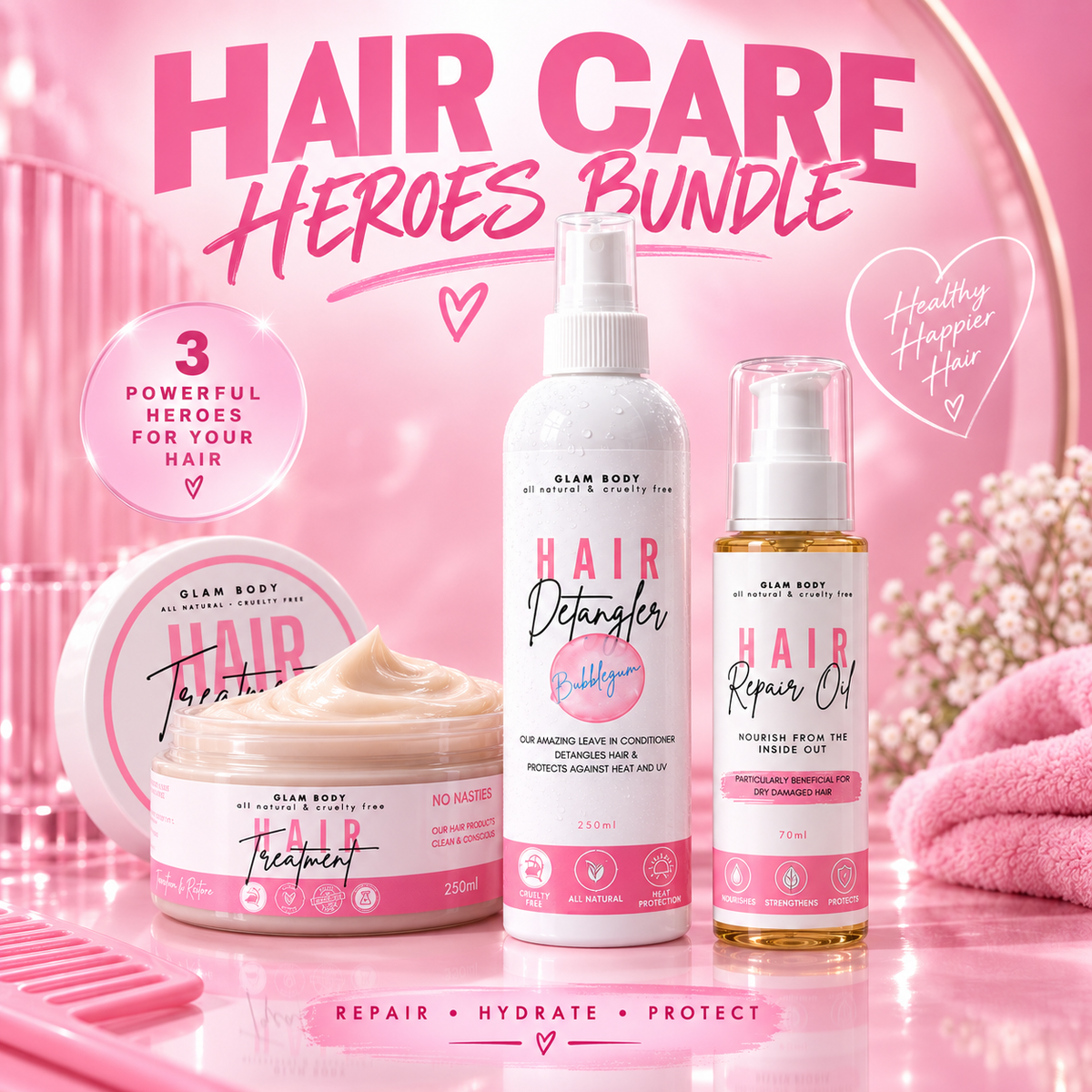 Glen Body Hair Care Heroes Bundle featuring a Hair Detangler bottle, Hair Repair Oil bottle, and Hair Treatment jar with whipped cream, set against a pink background with promotional text and heart graphics.