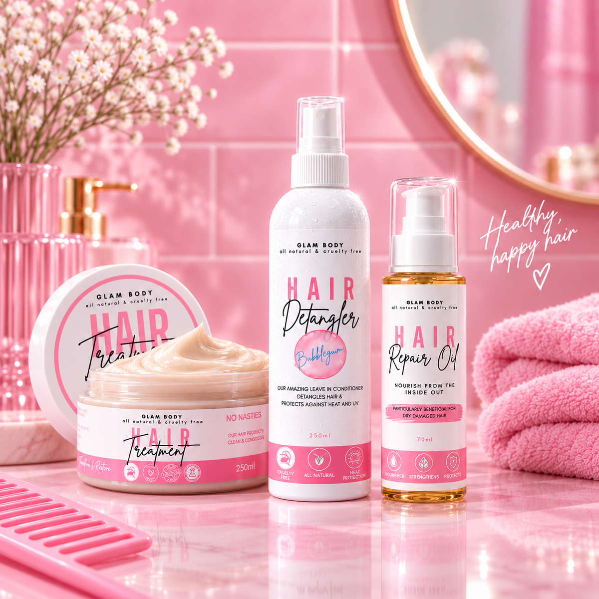 A set of Glam Body hair care products arranged on a glossy pink surface with a pink bathroom-style backdrop. The products include a Hair Detangler spray bottle, a Hair Repair Oil bottle, and a Hair Treatment jar with cream, all in white and pink packaging.