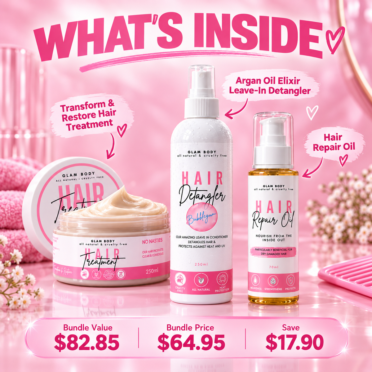 A promotional bundle graphic for Glam Body hair care products, showing a jar of hair treatment cream, a white hair detangler spray bottle, and a clear bottle of hair repair oil, with pink text callouts and pricing at the bottom.
