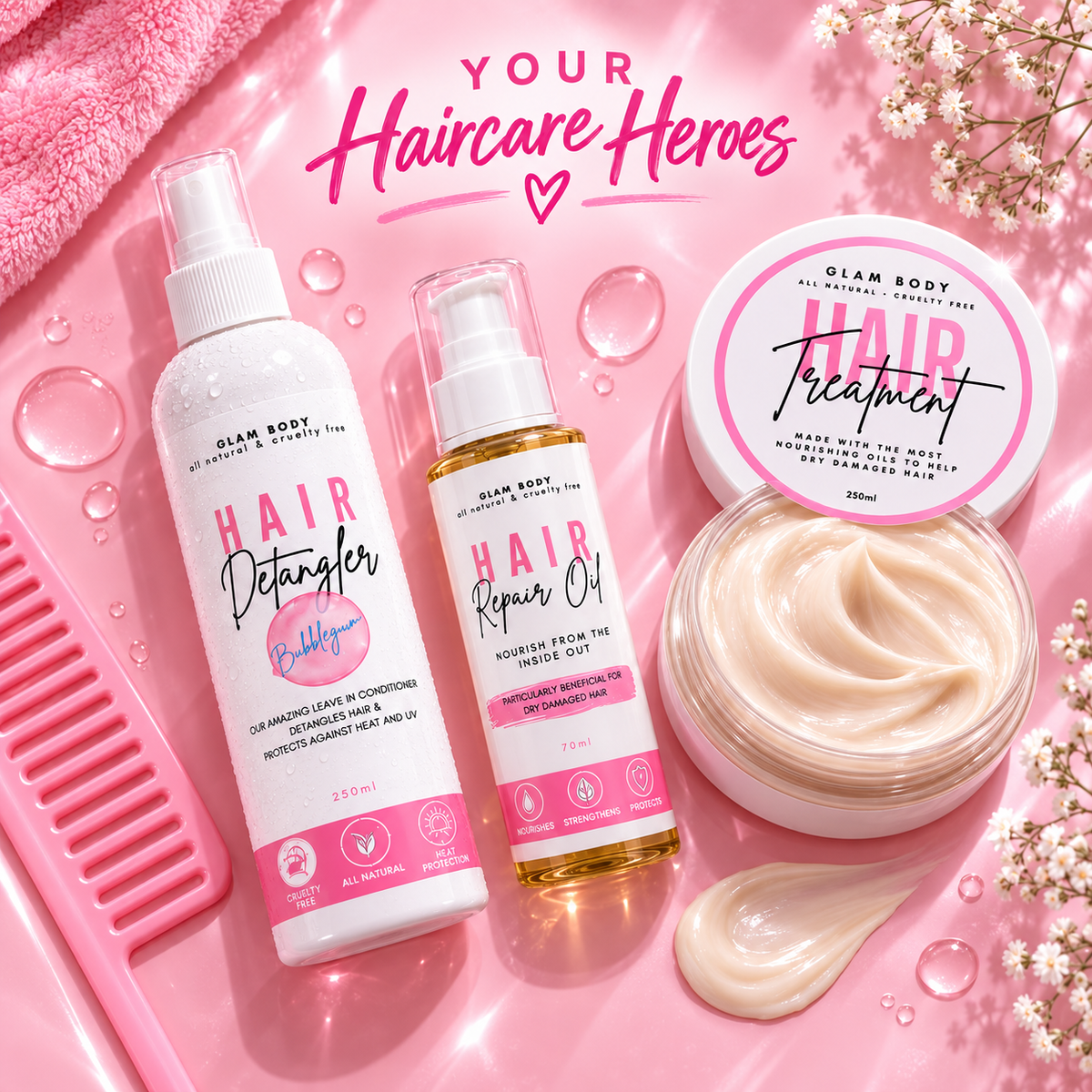 Three Glam Body haircare products arranged on a pink background with decorative flowers, water droplets, and a pink comb: a Hair Detangler spray bottle, a Hair Repair Oil bottle, and a Hair Treatment jar with cream visible. Large text reads 'YOUR Haircare Heroes'.