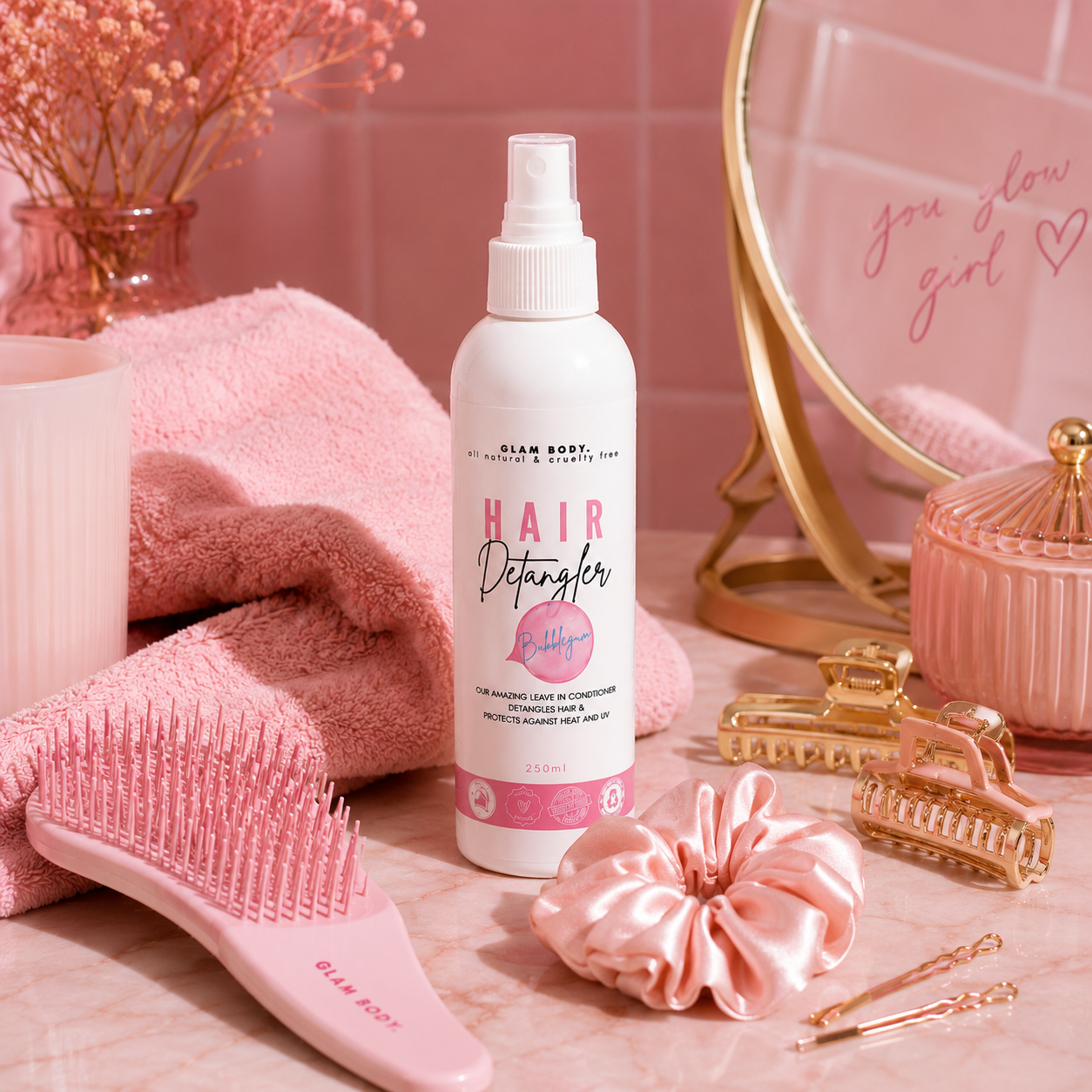 Hair care products including a hair detangler spray, brush, scrunchie, and hair clips on a pink surface with decorative elements.