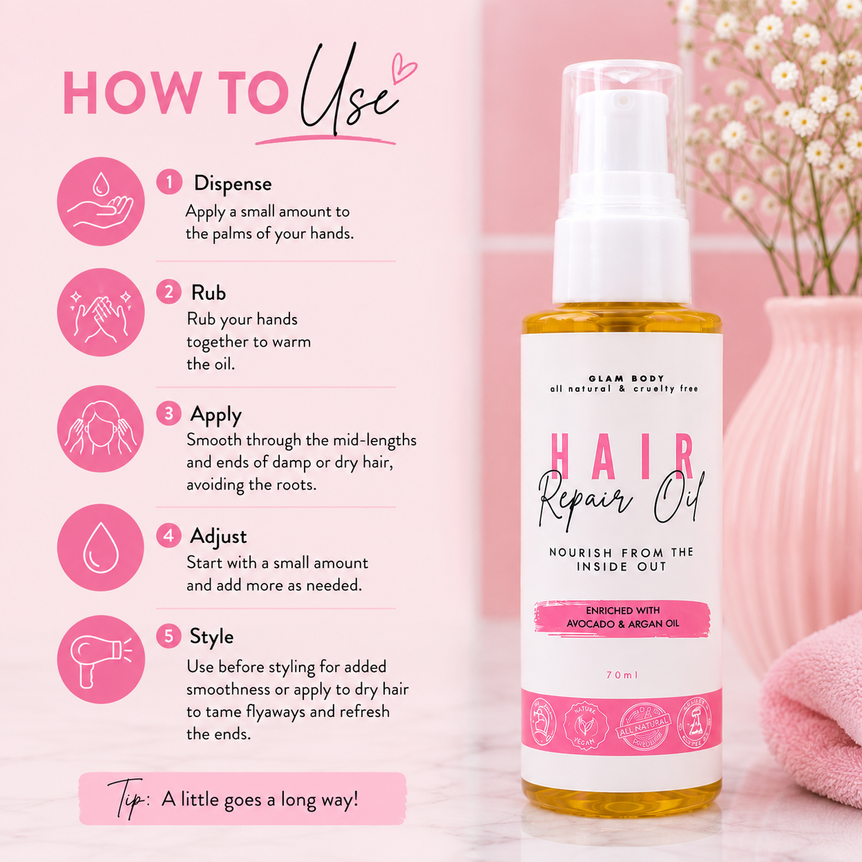 Hair Repair Oil bottle displayed next to a pink 'How to Use' instruction graphic on a pink background with flowers and a towel.