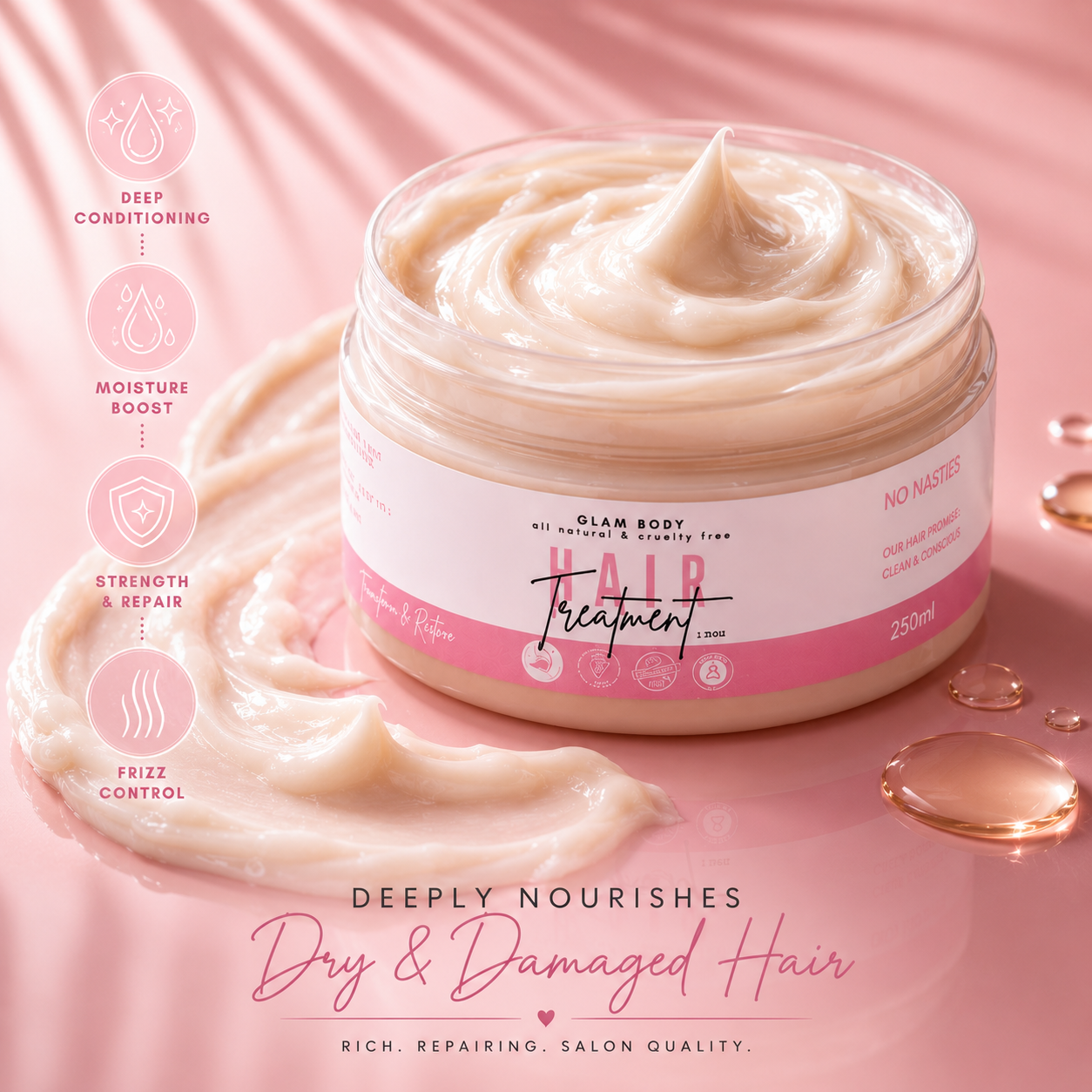 Jar of hair treatment cream with pink background and product features listed.