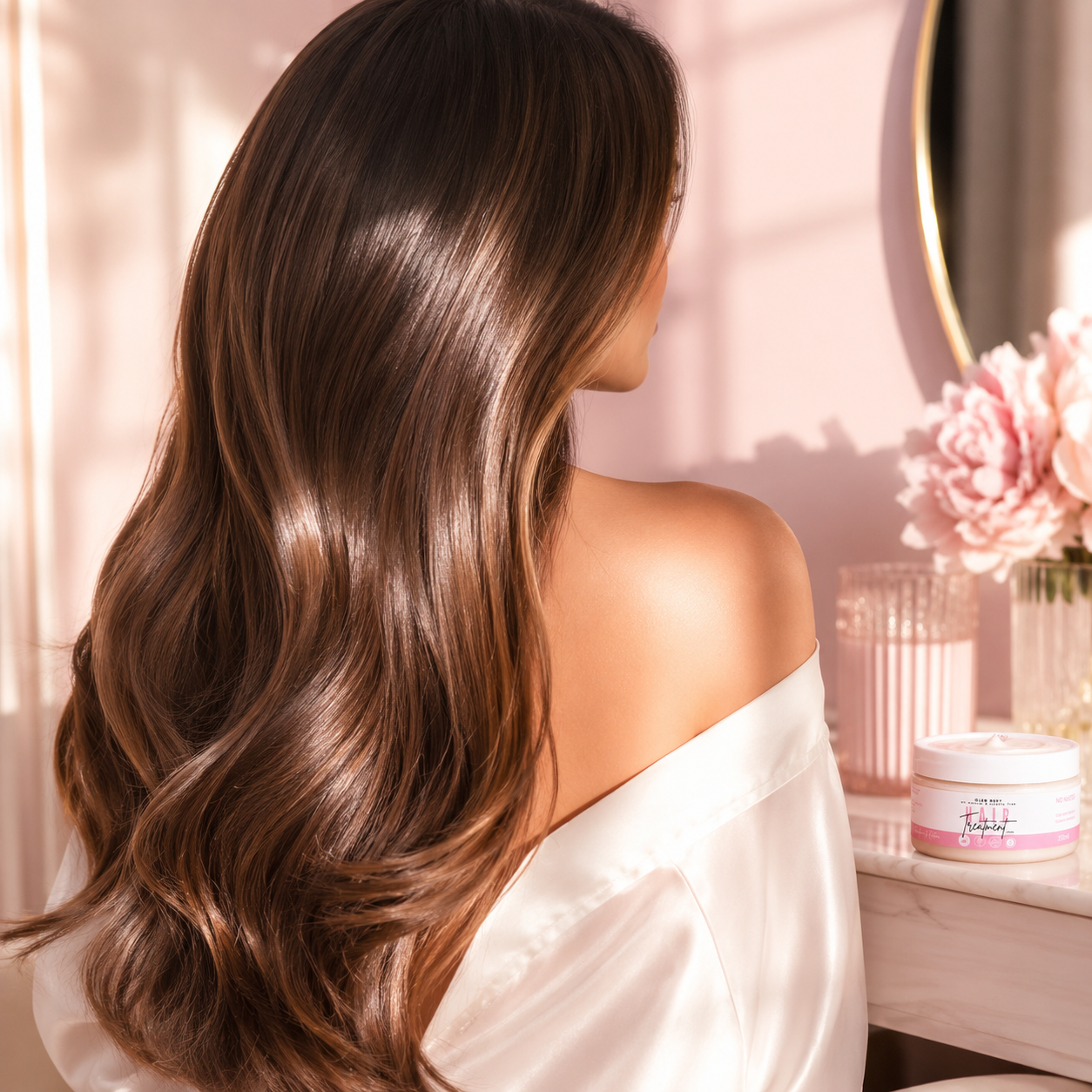Woman with long, wavy hair in a white robe, sitting in front of a mirror with a pink floral arrangement.