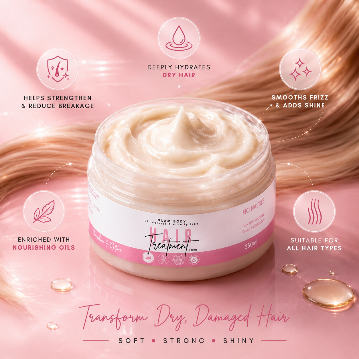 Jar of hair treatment cream with pink background and text highlighting benefits