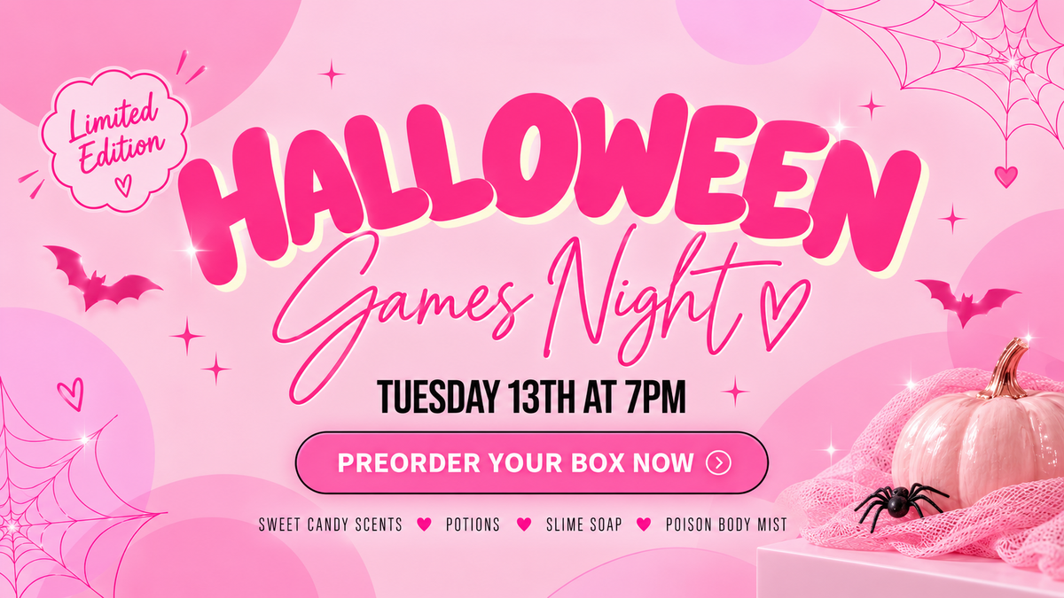 Promotional graphic for a Halloween Games Night limited edition box set, featuring pink and white text on a pink background with spiderwebs, bats, a pumpkin, and a spider decoration.