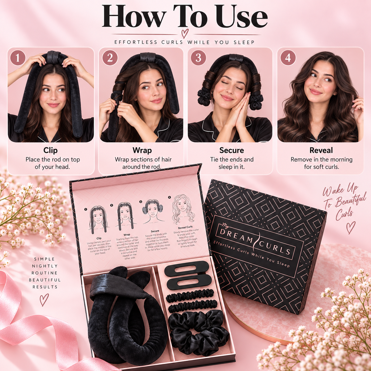 A pink promotional graphic for Dream Curls showing a boxed hair curling kit and step-by-step use instructions with four illustrated panels and a model demonstrating the process.