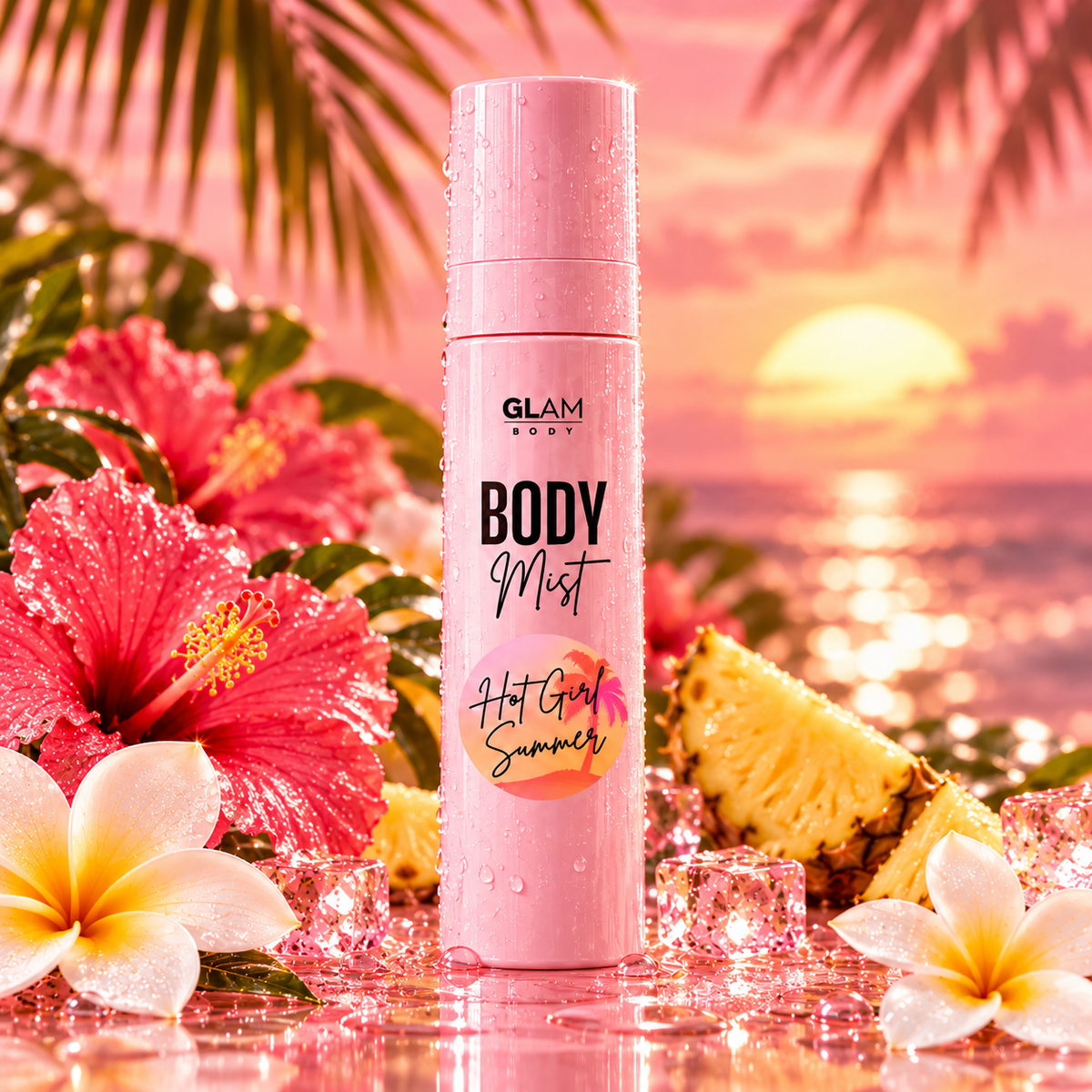 A pink bottle of GLAM ROOT Body Mist stands in a tropical beach scene at sunset, surrounded by hibiscus flowers, pineapple, ice cubes, and palm leaves.