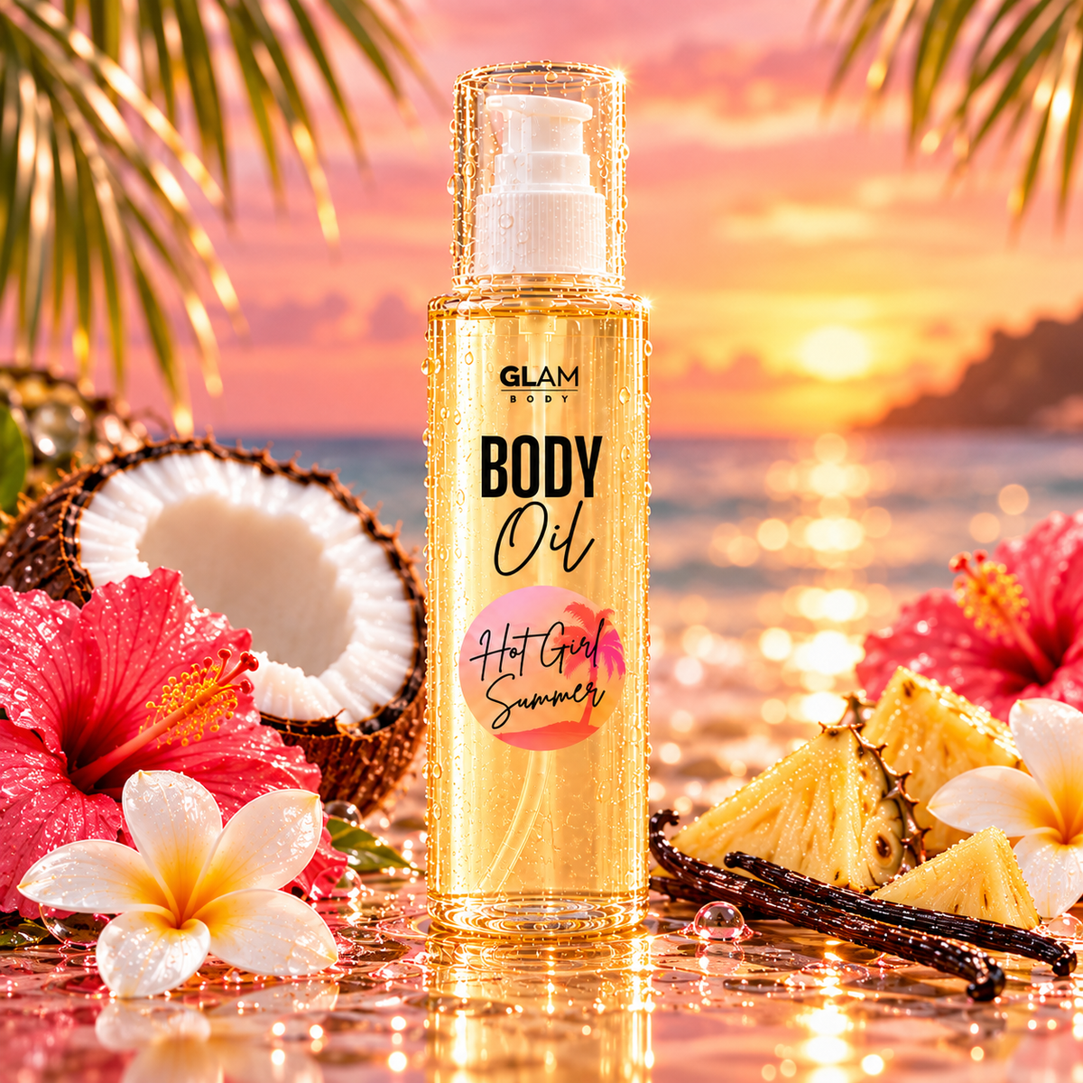 A bottle of GLAM BODY Hot Girl Summer Body Oil stands on a reflective tropical beach surface at sunset, surrounded by flowers, a coconut, pineapple, vanilla beans, and palm leaves.