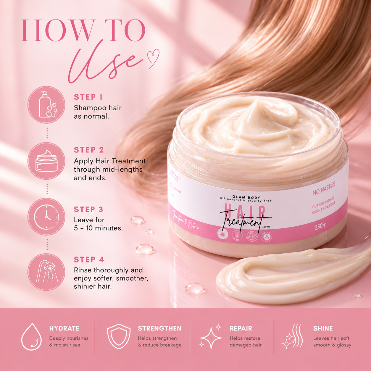 Hair treatment product with usage instructions on a pink background