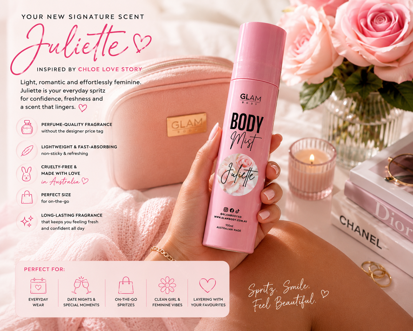 Pink body mist bottle labeled 'Juliette' held by a hand with a blurred background of a woman and decorative items.