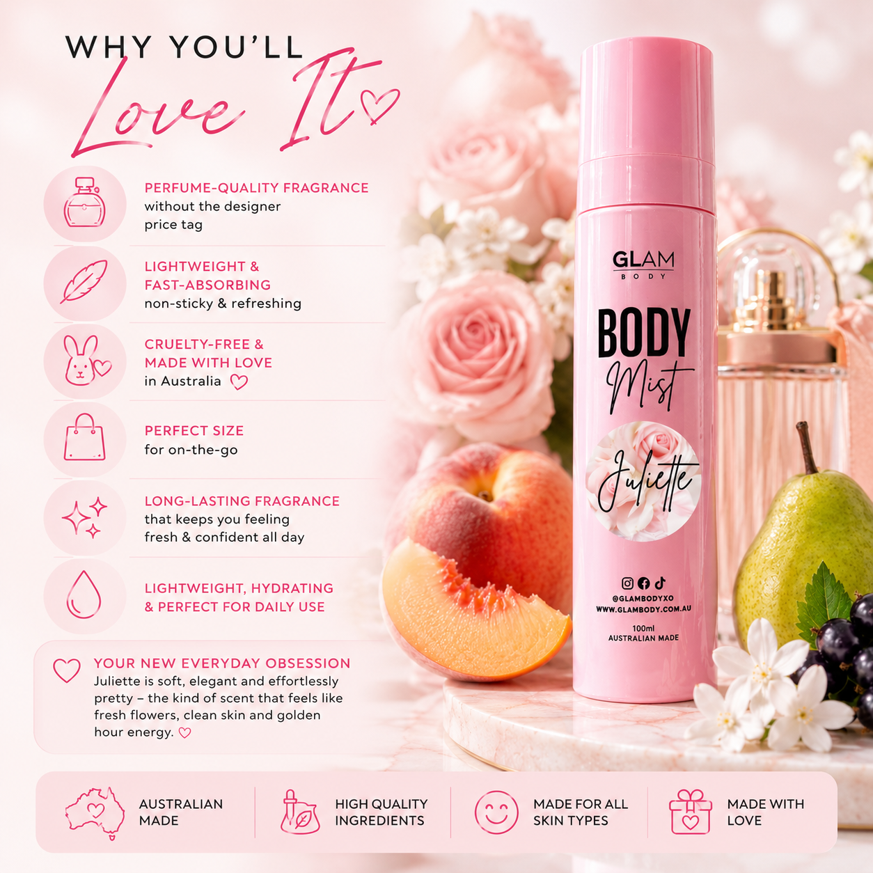 Pink 'Glam Body' body mist with product features on a pink background