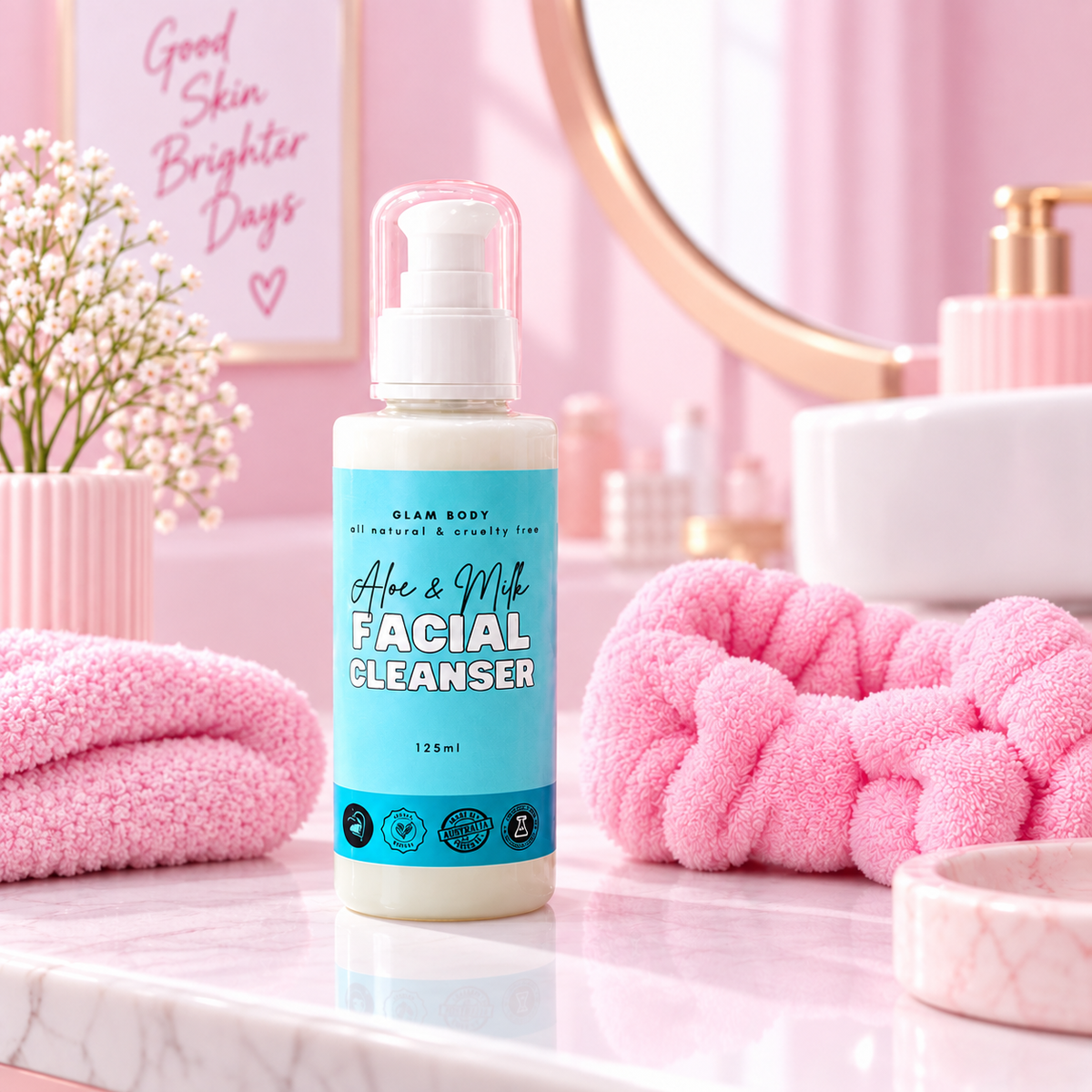 A bottle of Glam Body Aloe & Milk Facial Cleanser with a light blue label and white bottle, set on a pink marble countertop with pink towels, a pink headband, and a pink vanity mirror in the background.