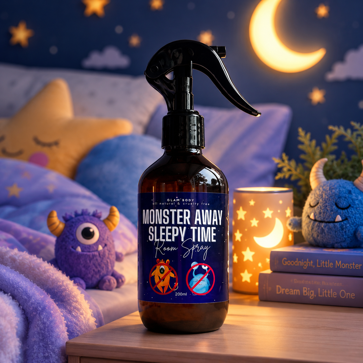 A brown spray bottle labeled 'Monster Away Sleepy Time Kean Sting' stands on a wooden nightstand in a cozy bedroom scene with plush toys, starry pillows, a moon lamp, and books.