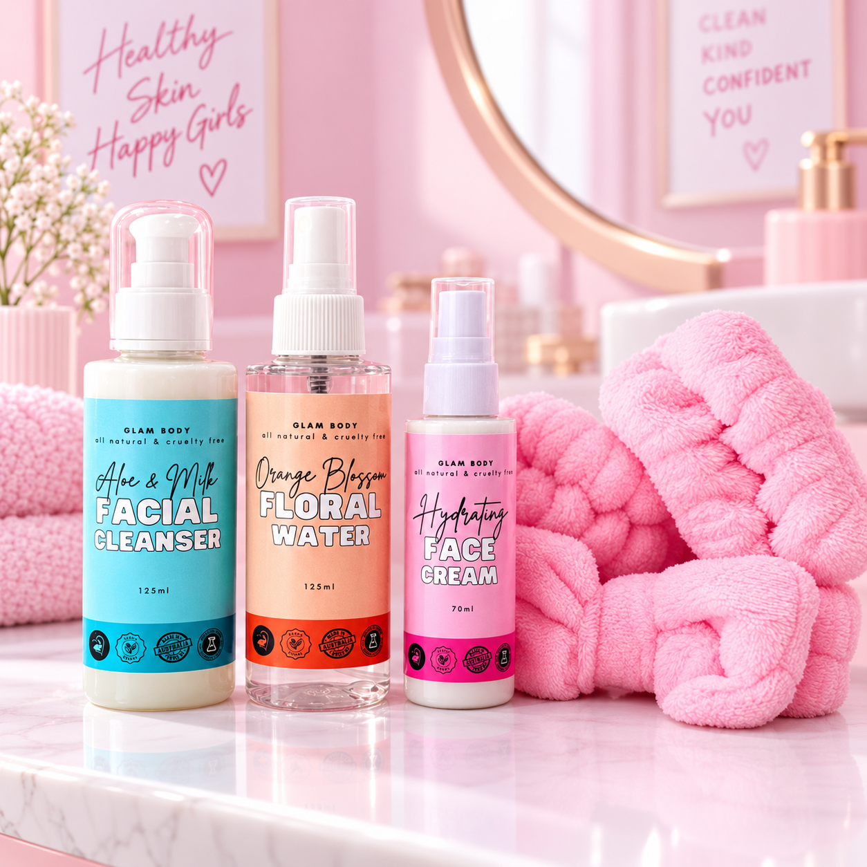 Three skincare bottles from Glam Body arranged on a pink bathroom counter with a fluffy pink towel beside them. The bottles are labeled Aloe & Milk Facial Cleanser, Orange Blossom Floral Water, and Hydrating Face Cream, with a mirror and framed wall art in the background.