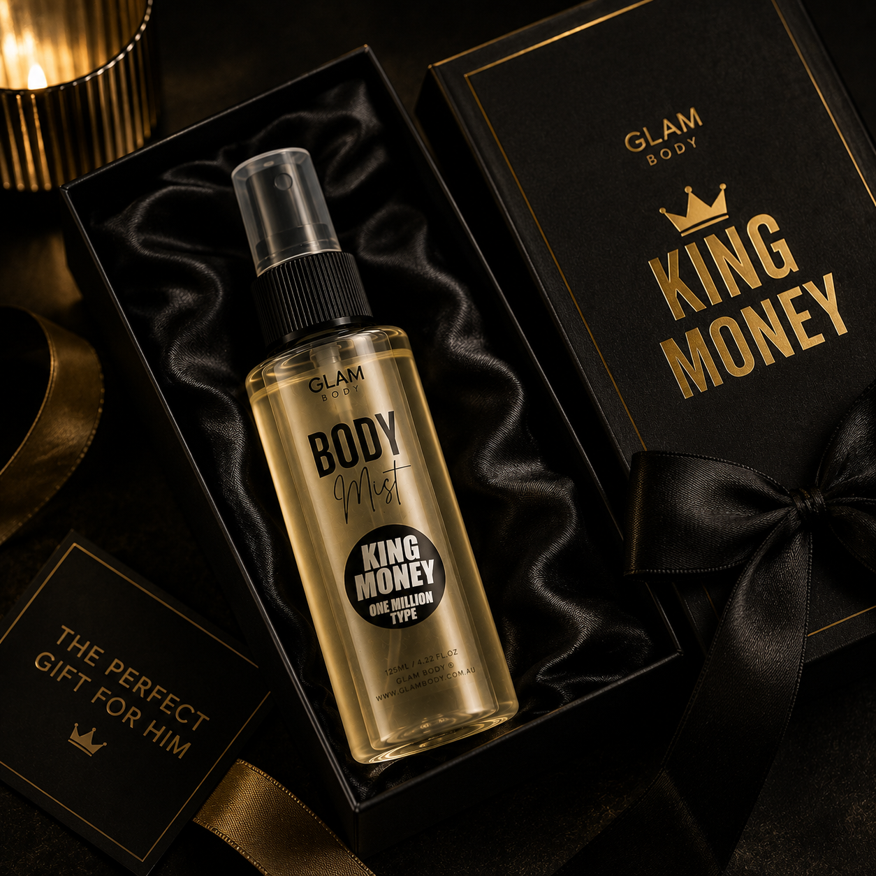 Body mist bottle with 'King Money' branding in a decorative box.
