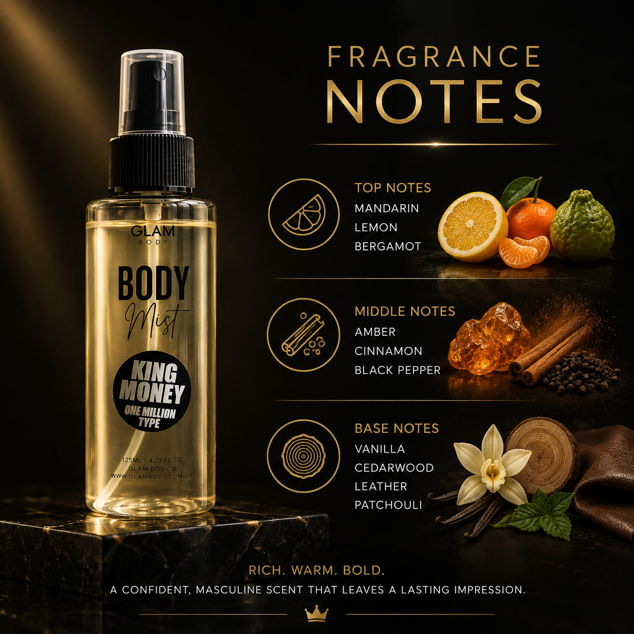 Body mist bottle with fragrance notes on a dark background
