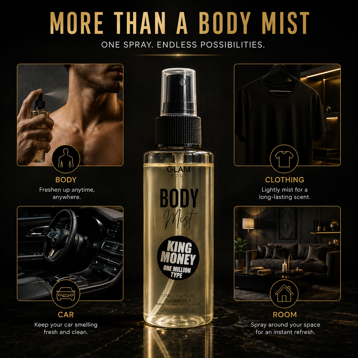 Body mist spray bottle with usage scenarios on a dark background