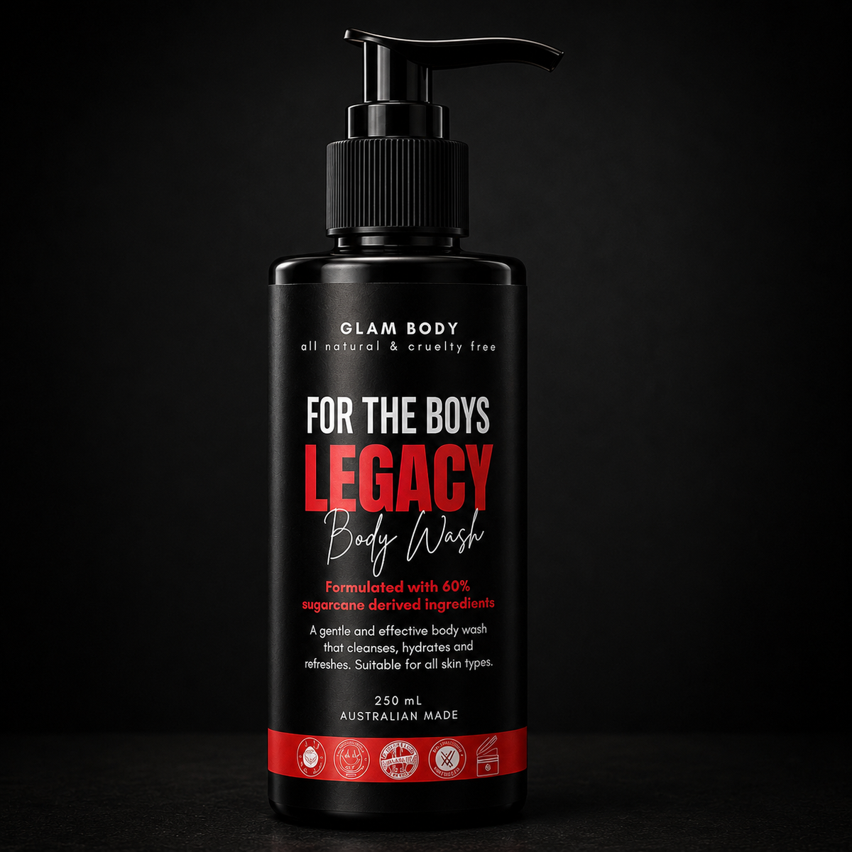A 250 ml black pump bottle of Glam Body 'For The Boys Legacy' Body Wash, featuring a black and red label, set against a dark black background.