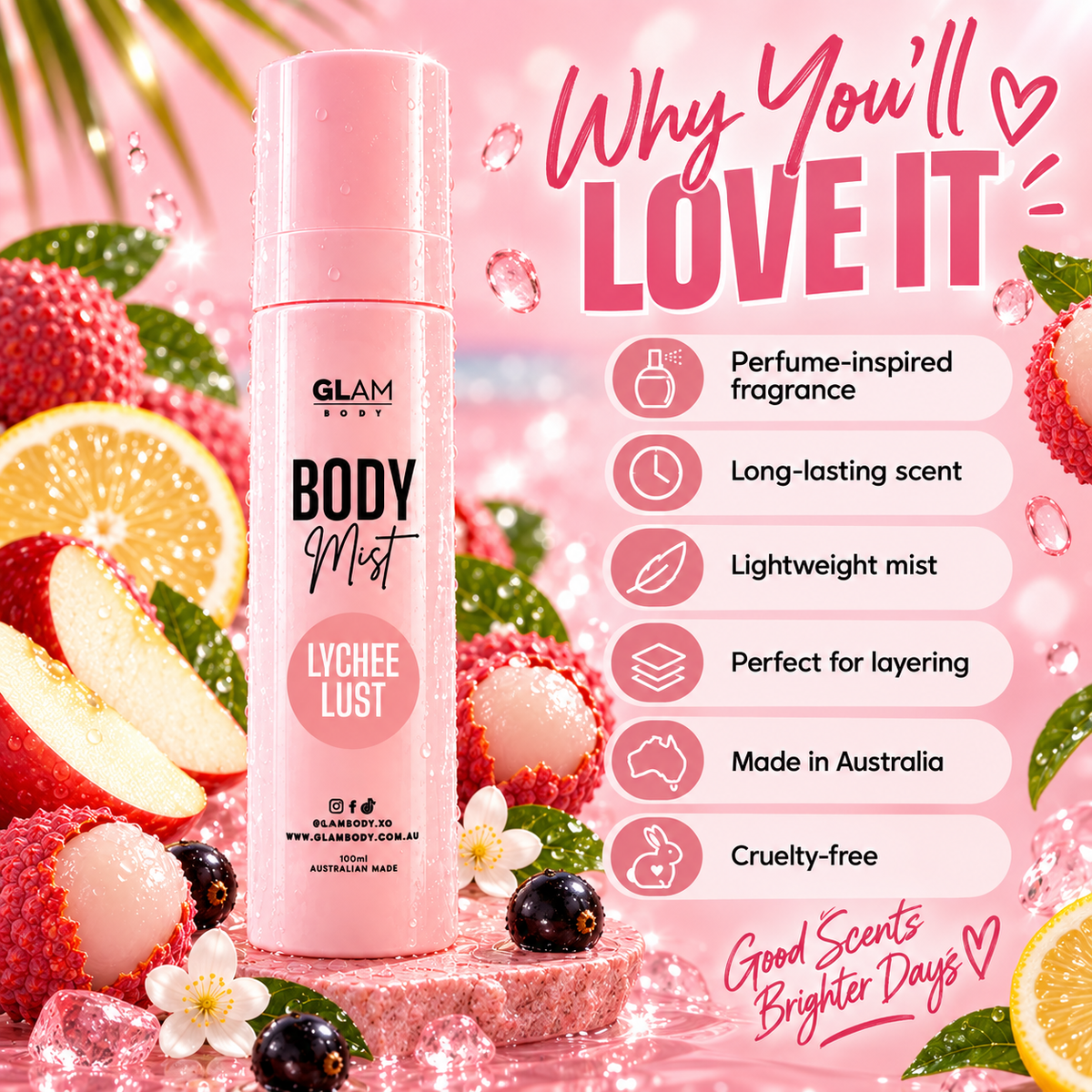 GLAM BODY MIST Lychee Lust perfume mist bottle in pink, surrounded by fresh lychee fruits, sliced oranges, and flowers on a sparkling pink background with promotional text.