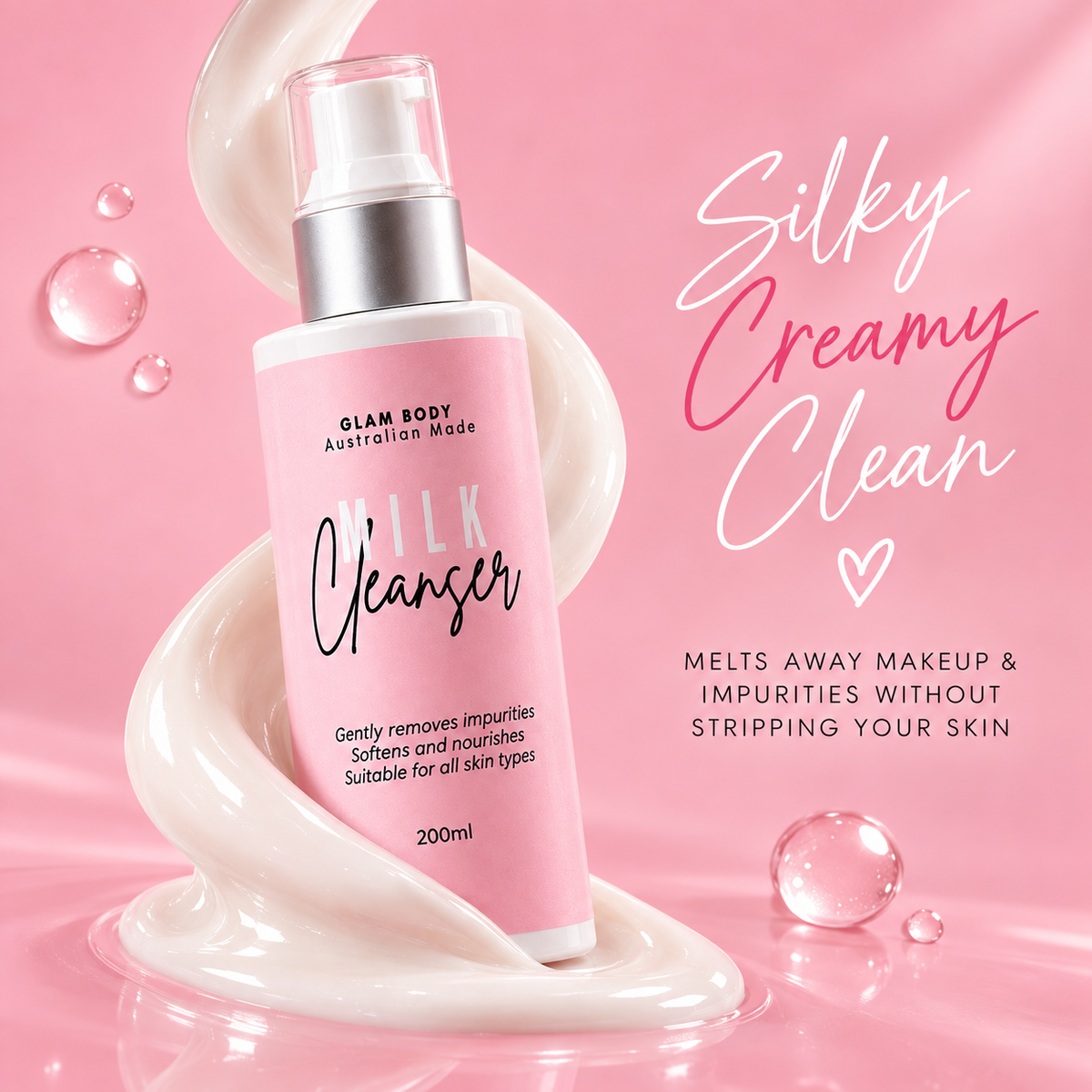 A bottle of Glam Body Australian Made Milk Cleanser stands on a glossy pink surface with a white cream swirl behind it. The bottle is light pink with a silver pump and clear cap.