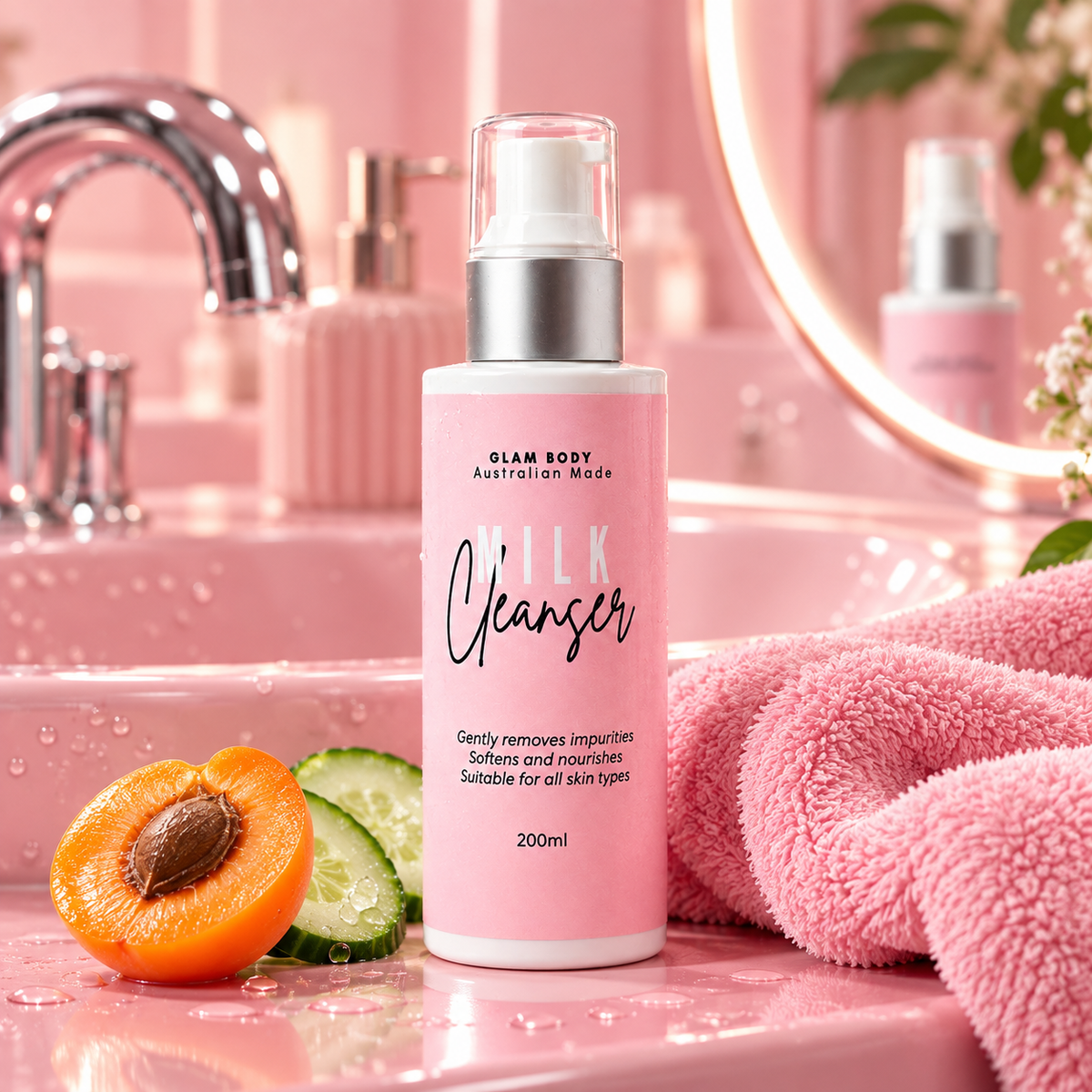 A bottle of Glam Body Australian Made Milk Cleanser is displayed on a pink countertop with a pink towel, cucumber slices, and an apricot in a pink bathroom setting.