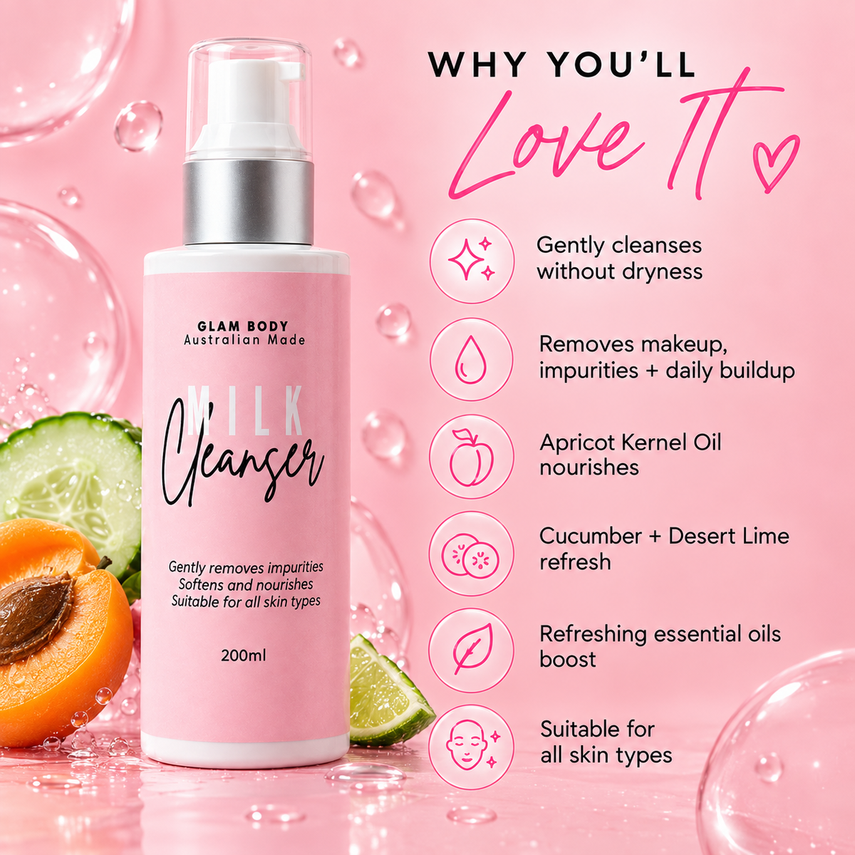 A pink bottle of Glam Body Milk Cleanser centered on a pink promotional background with fruit slices, bubbles, and a list of benefits. The bottle label reads 'GLAM BODY Australian Made' and 'MILK Cleanser.